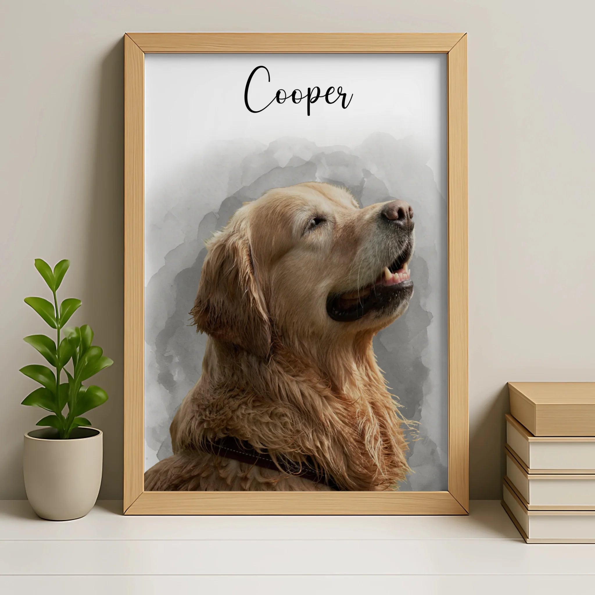 Personalised pet portrait photo frame in oak finish