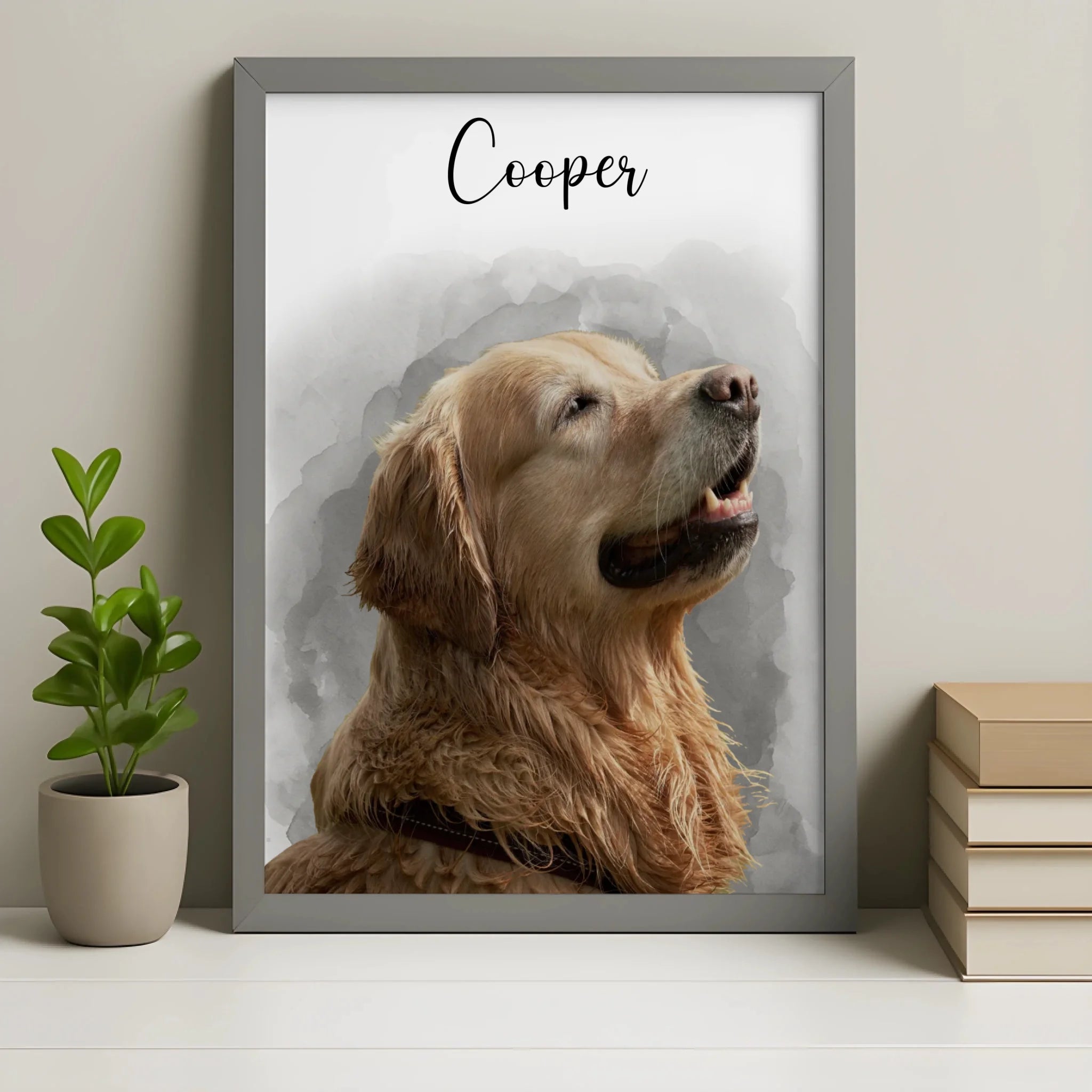 Personalised pet portrait photo frame in grey finish