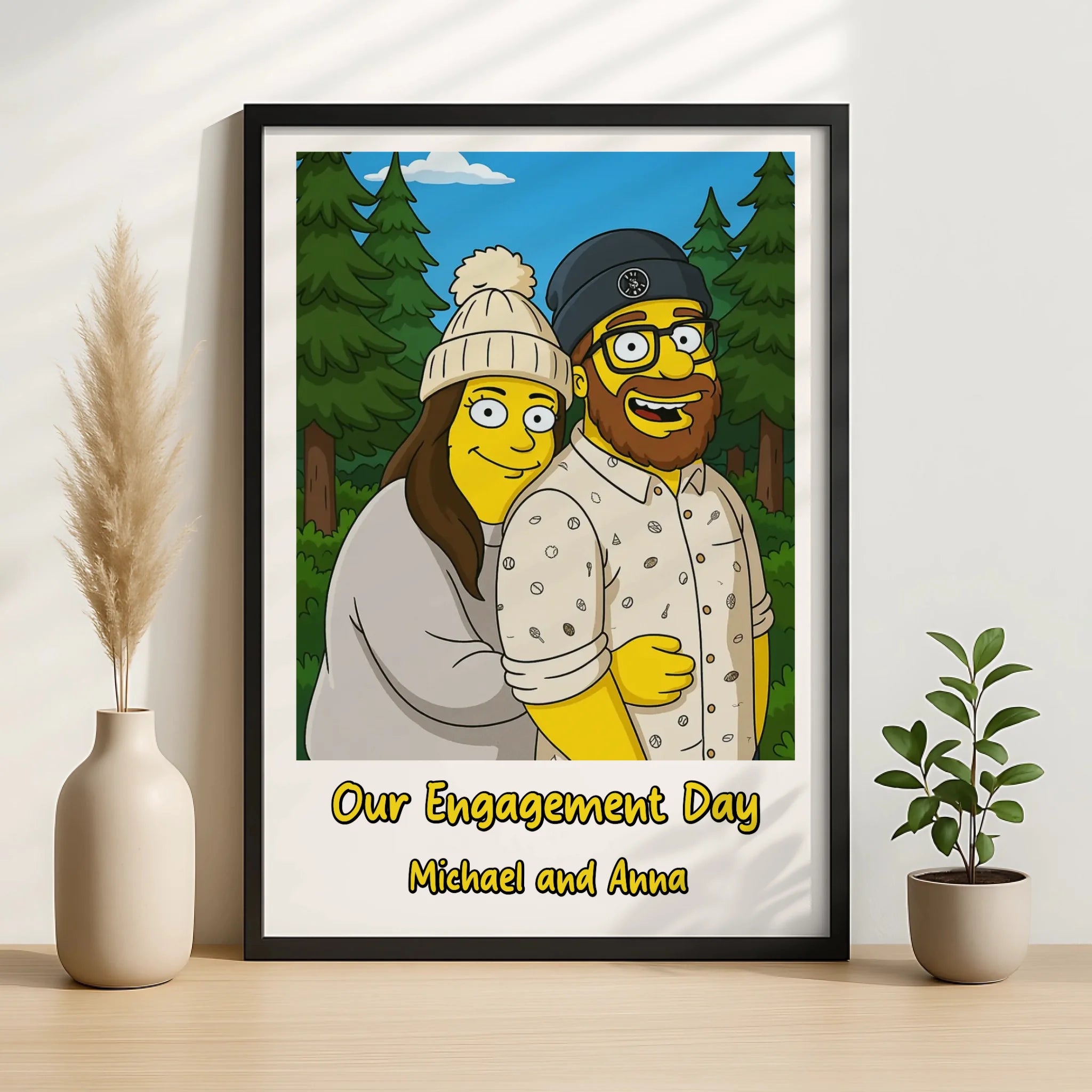 Close-up detail of a custom cartoon couple portrait print