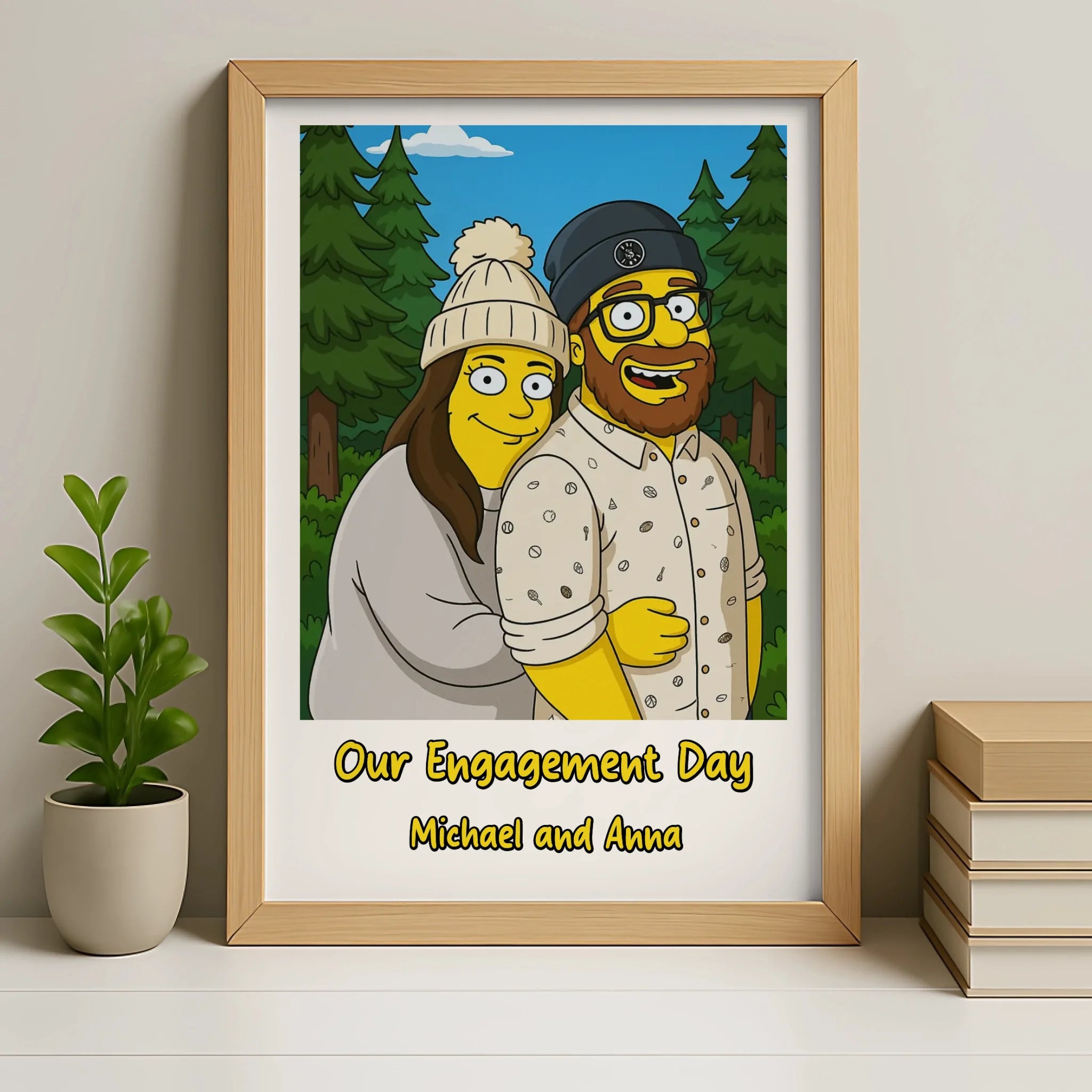 Oak-finish personalised photo frame with a custom cartoon couple portrait