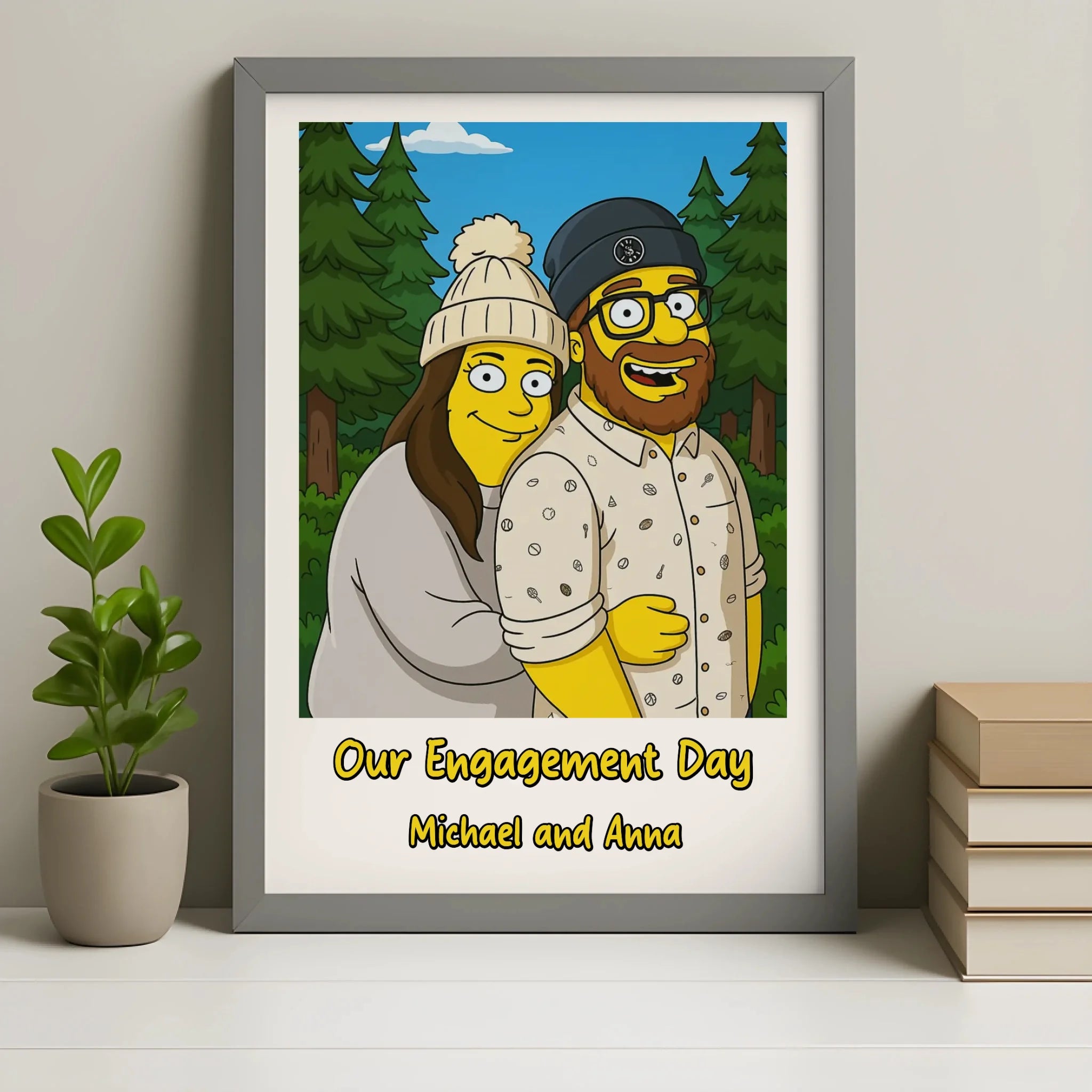 Custom cartoon couple portrait in a grey personalised photo frame