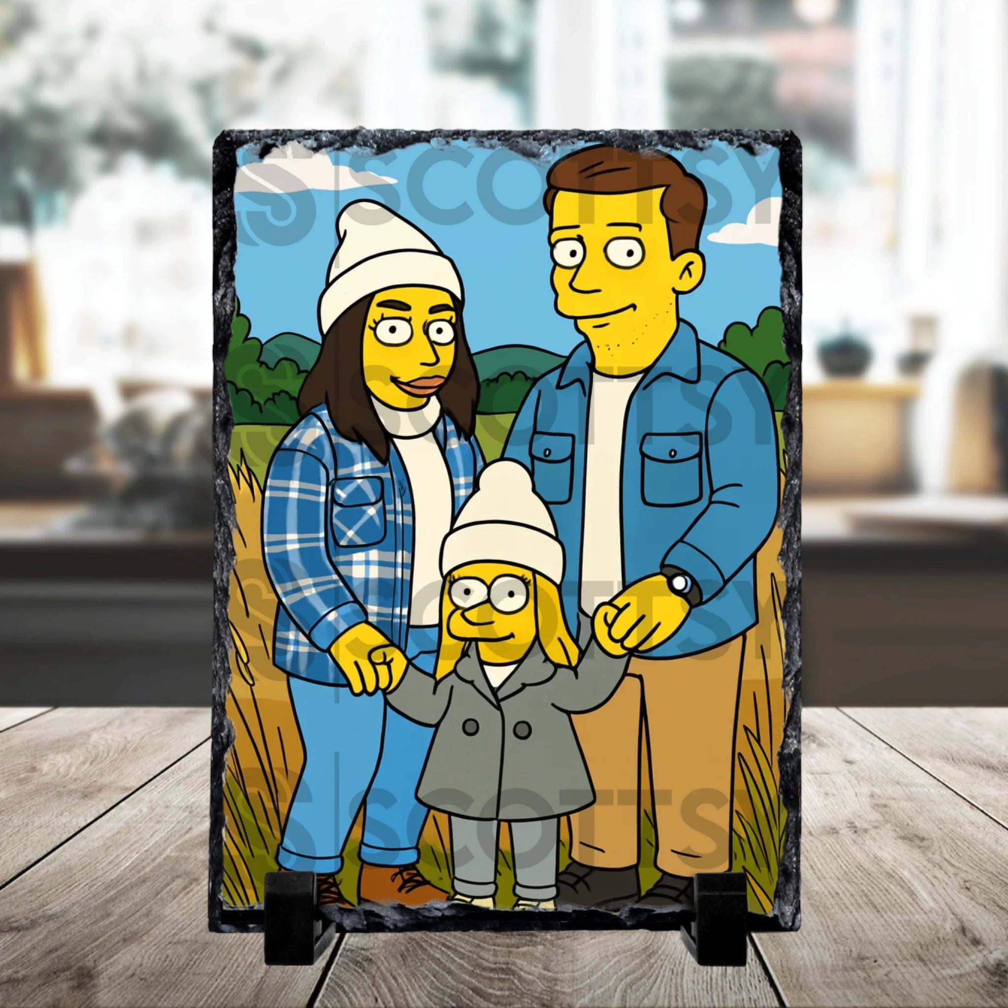 Personalised photo slate with cartoon portrait design displayed as a home keepsake