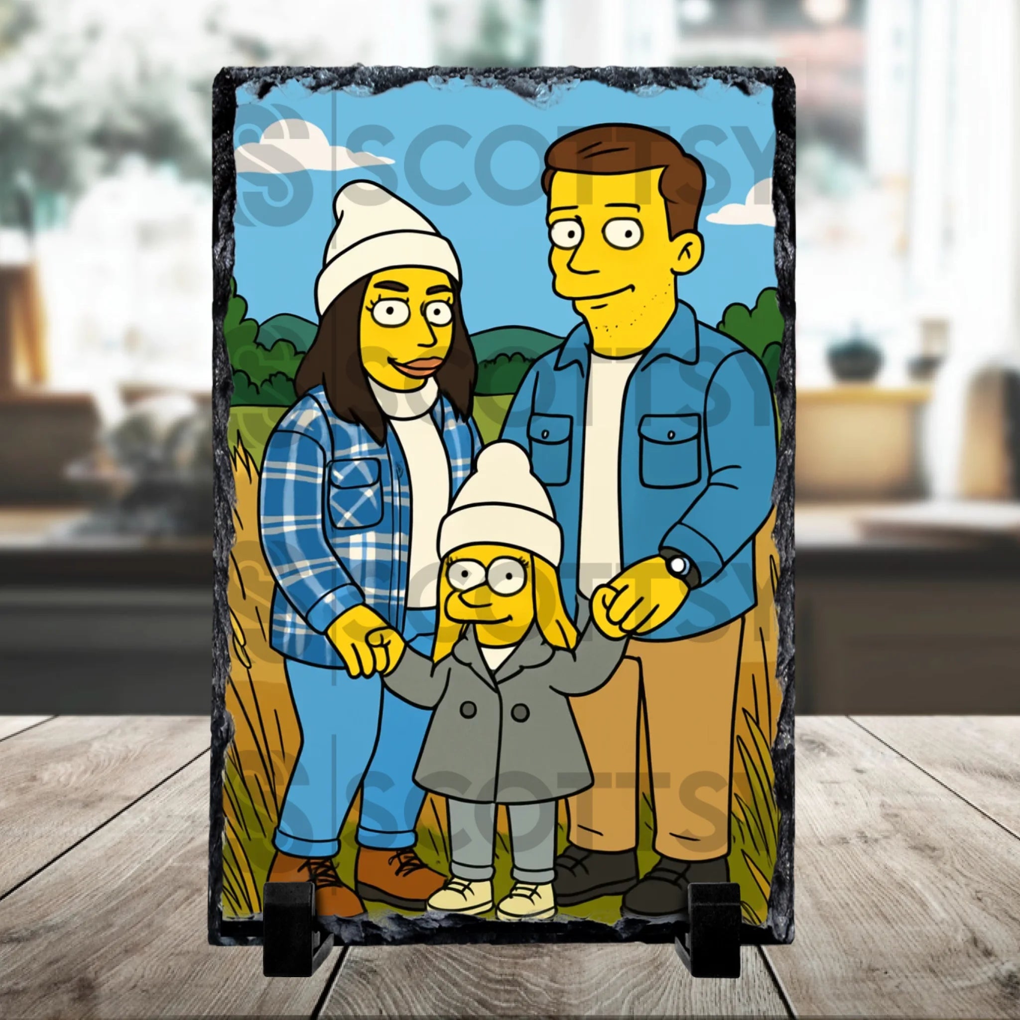 Close-up of a custom photo slate featuring a US cartoon inspired portrait illustration
