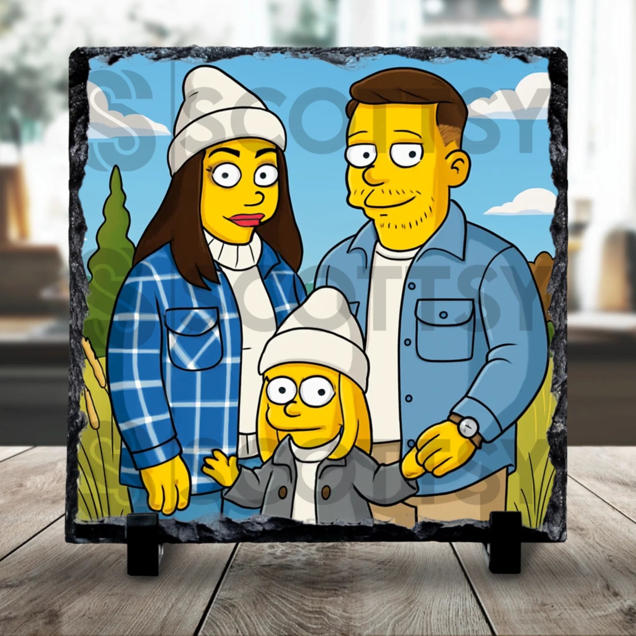 Custom personalised cartoon portrait on slate inspired by US cartoon style