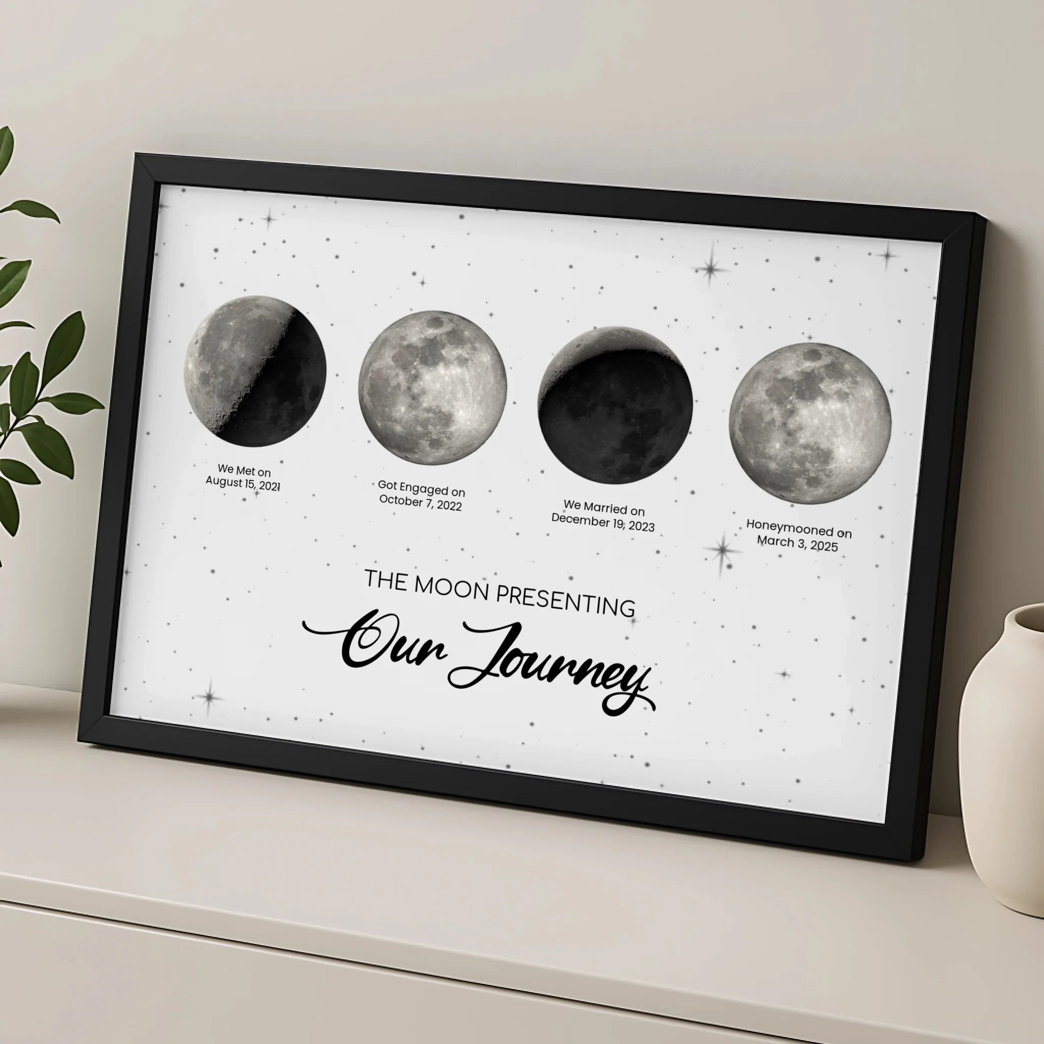 A3 personalised moon phase wall art print with custom dates in a wooden frame