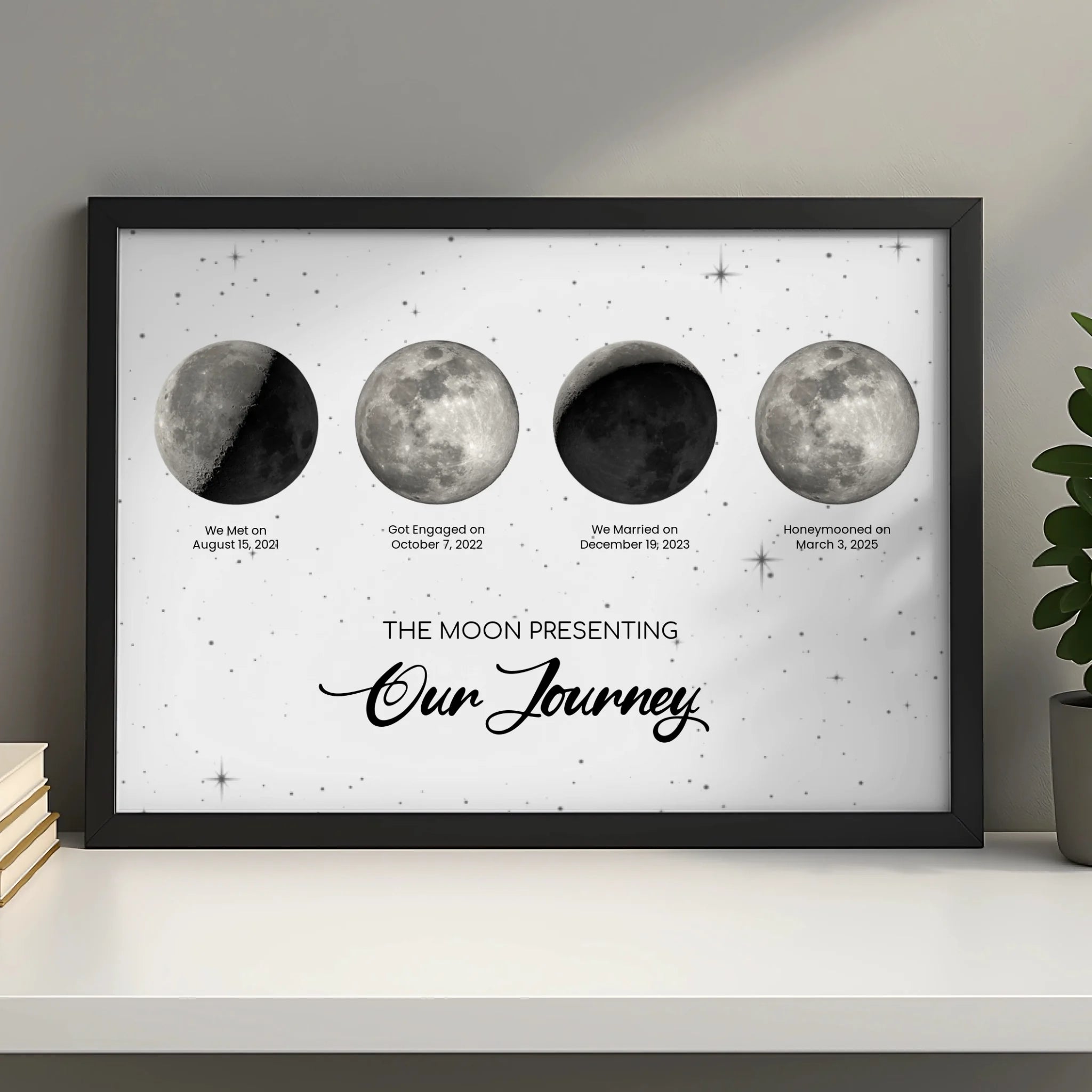 Personalised moon phase print gift for couples showing wedding and anniversary dates