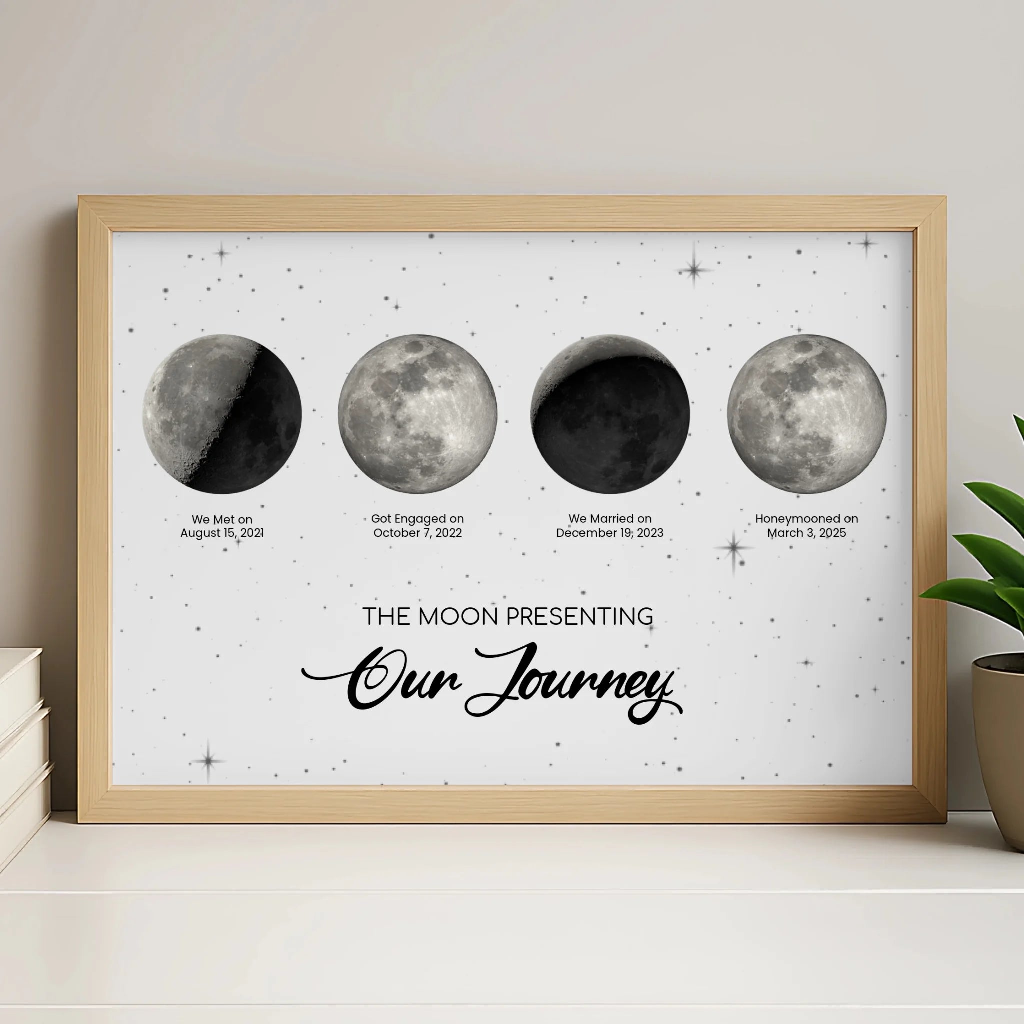 Personalised moon phase wall art print in a white frame on a light background
