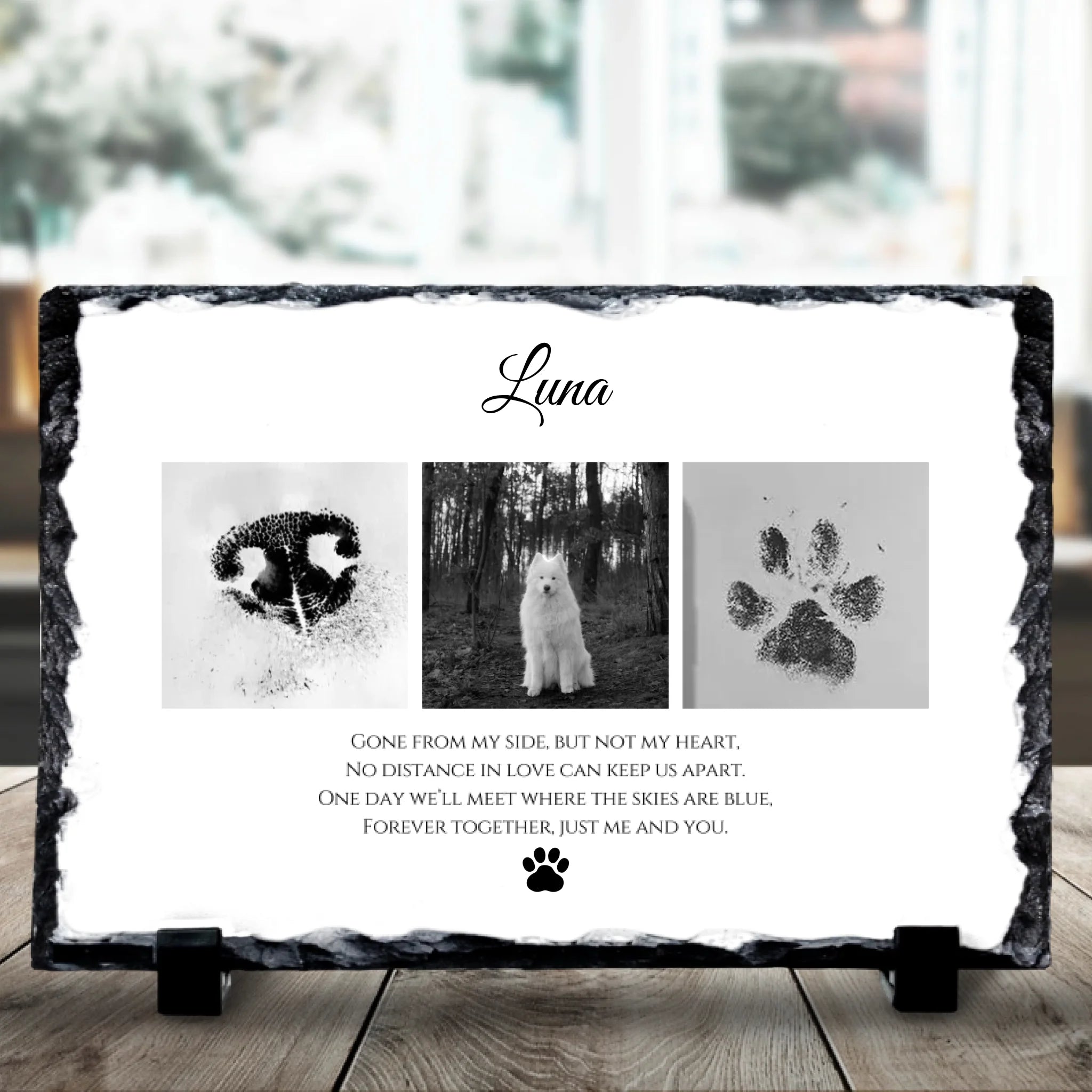 Personalised pet memorial photo slate with 3 photos displayed in black and white