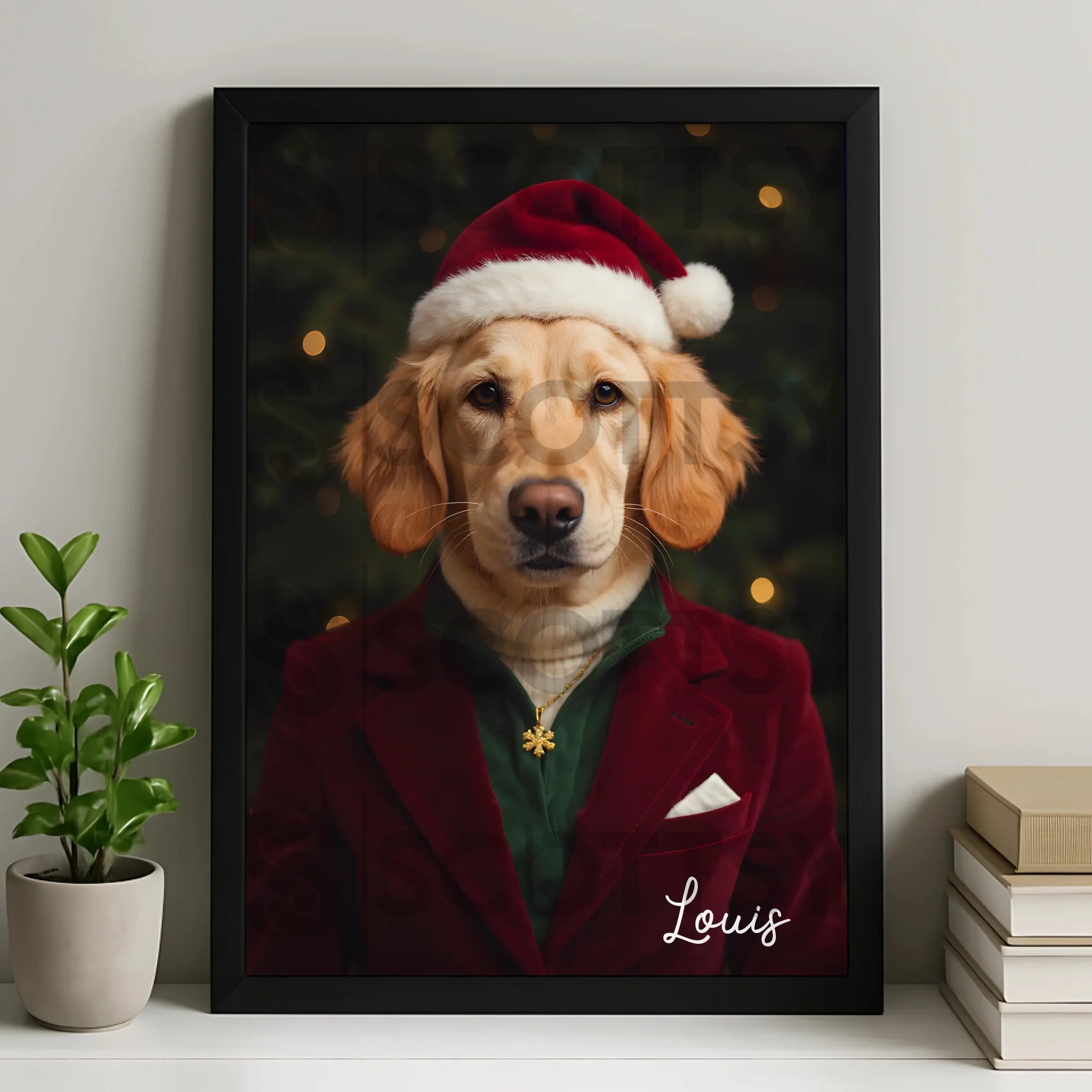 Personalised pet portrait photo frame with custom Christmas art style
