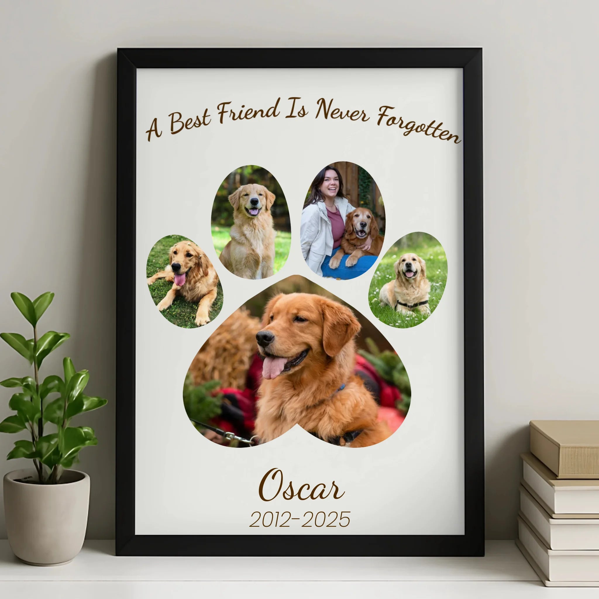 Personalised pet memorial photo frame with paw print collage design, available in A3 and A4