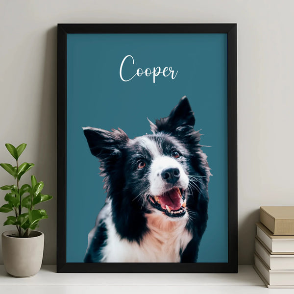Custom pet portrait print in a personalised photo frame with a coloured background