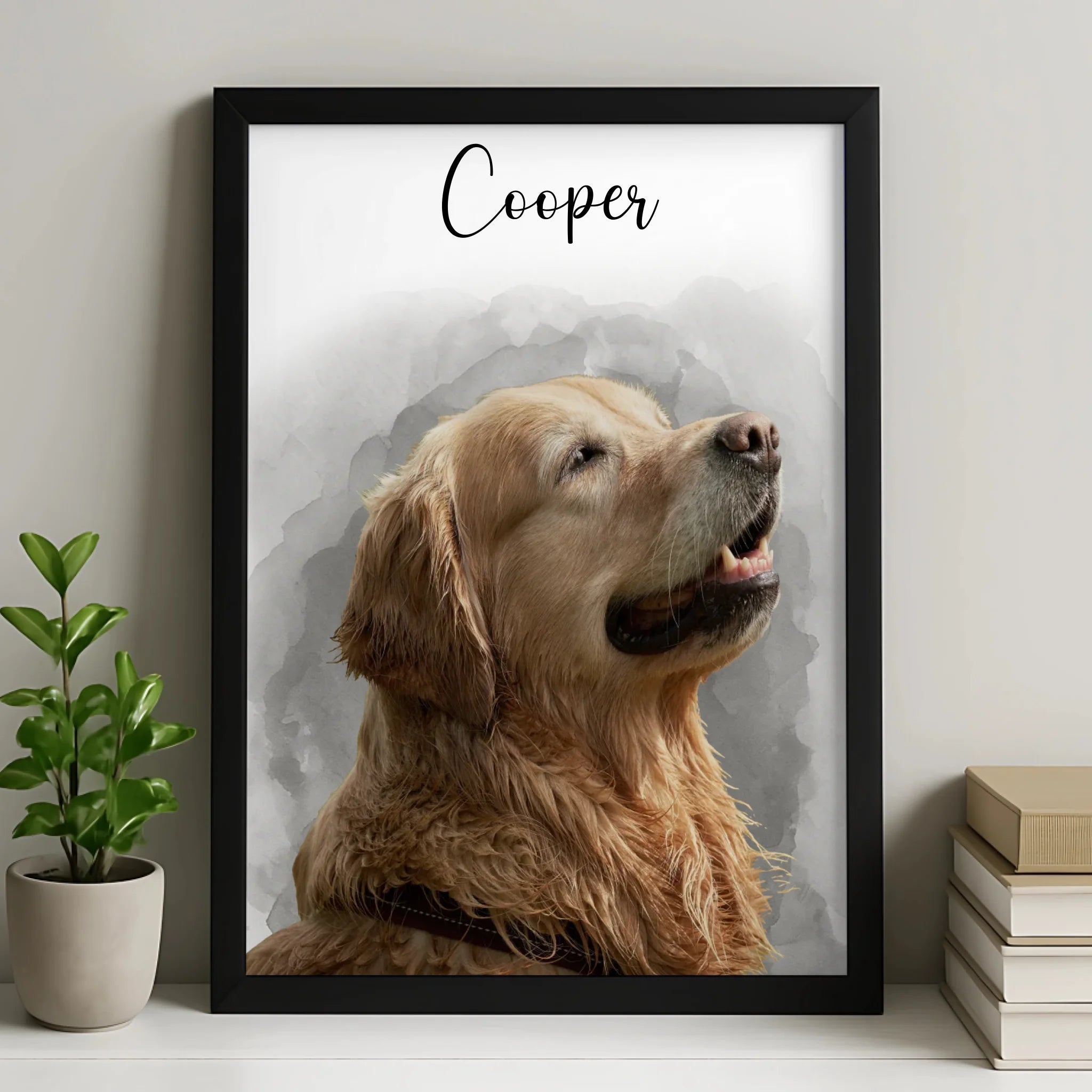 Personalised pet portrait photo frame with custom watercolour background