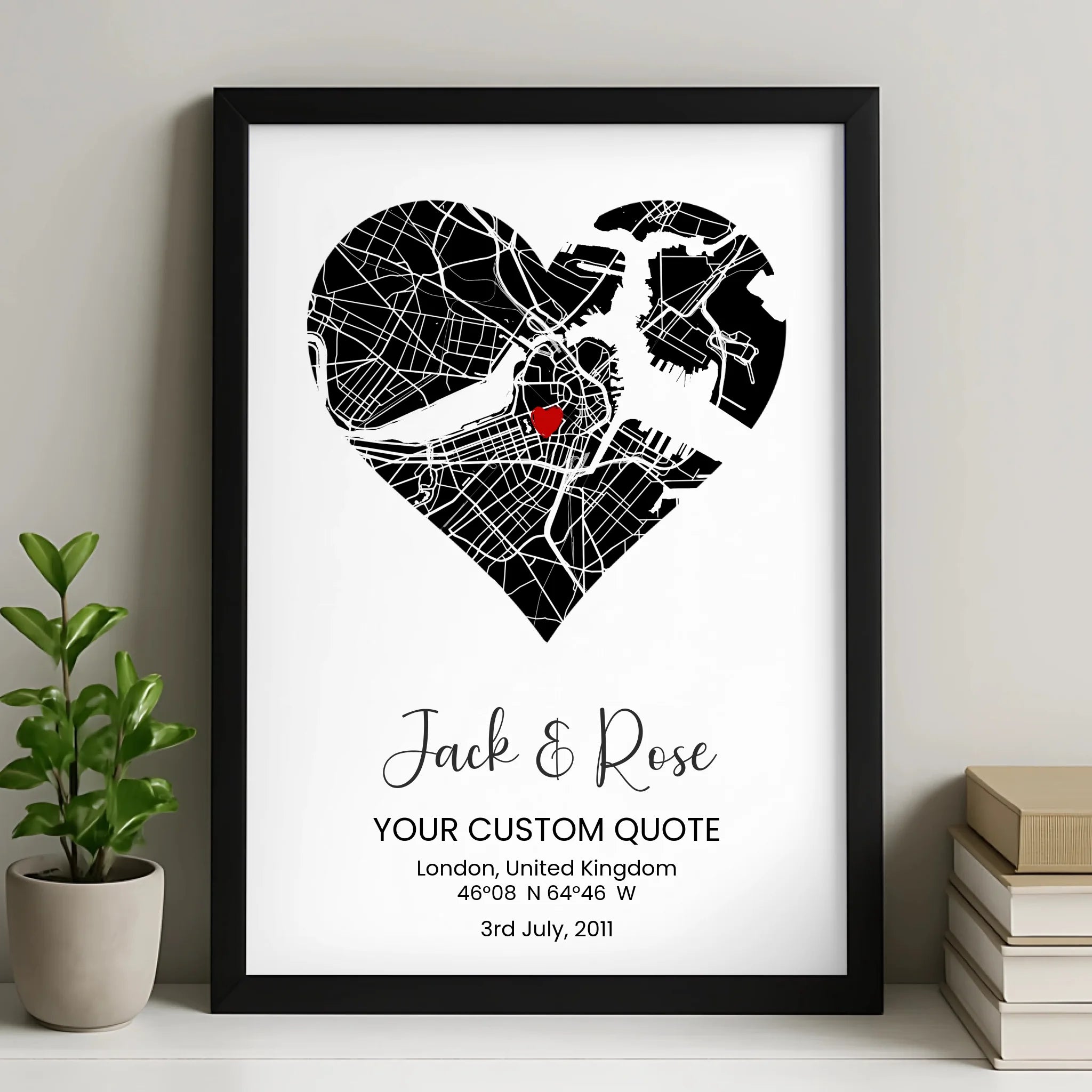 Black and white personalised heart map poster with a custom location print