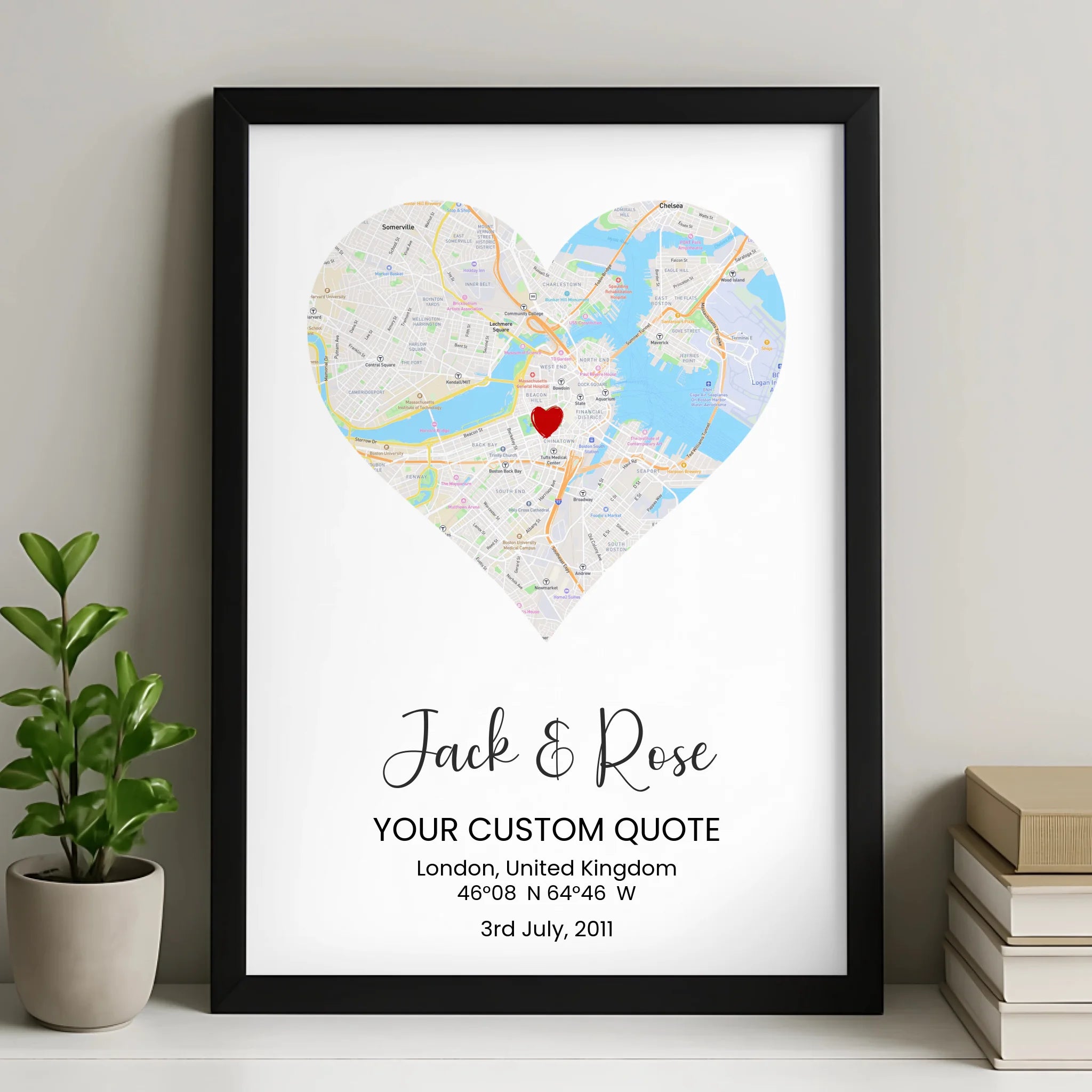 Custom heart street map print personalised with a couple's location and coordinates