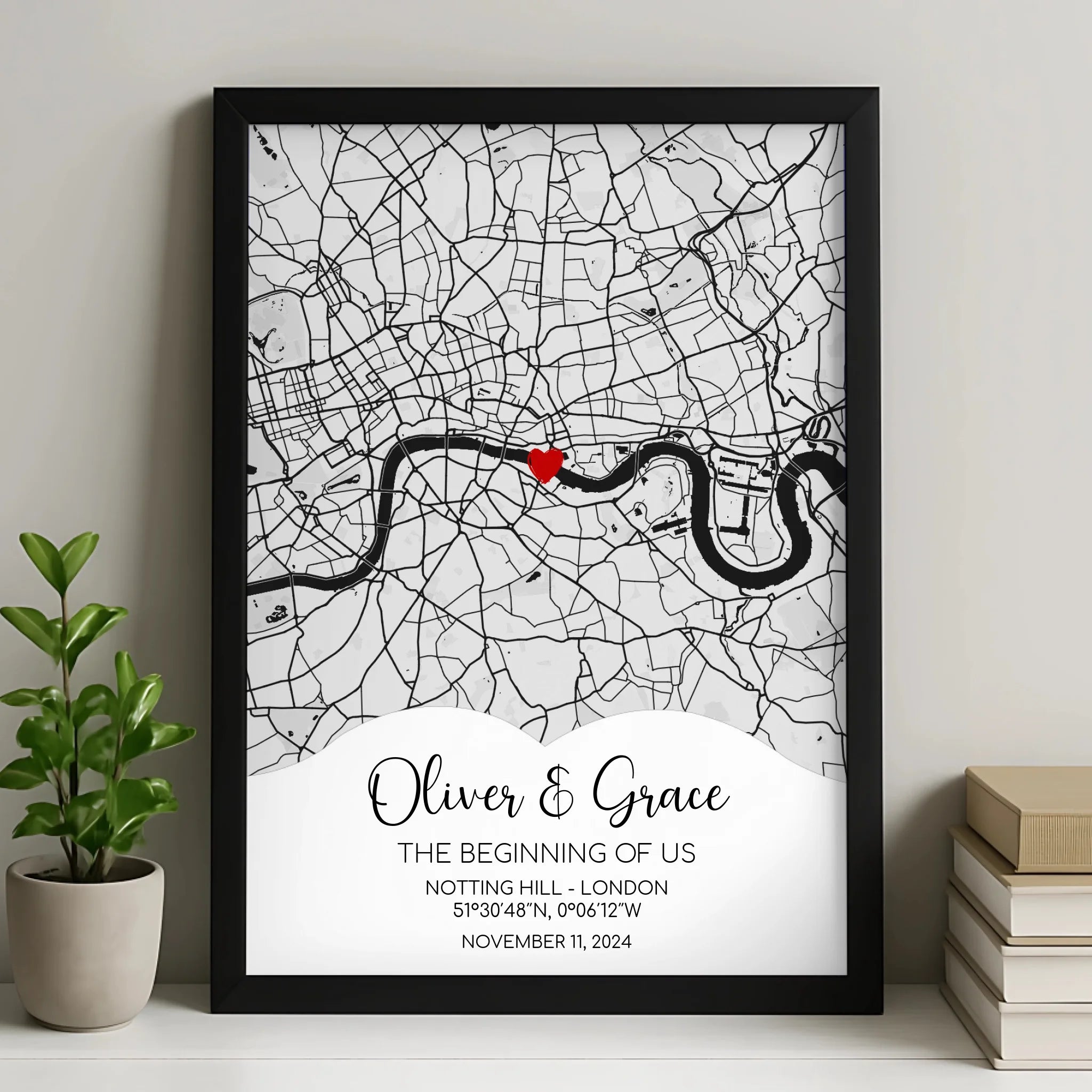 Personalised map print showing a custom location with names and date, A4 size