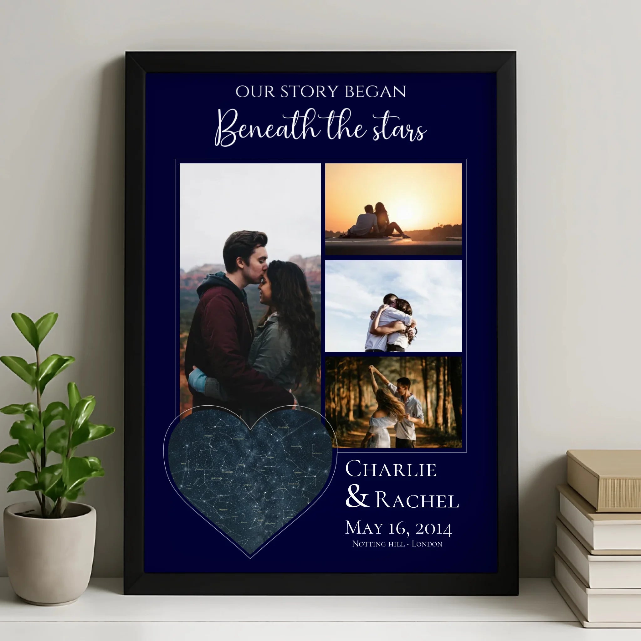 Personalised photo and star map print with custom names, date and location