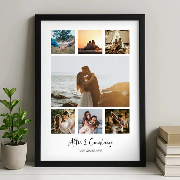 Personalised 7 photo collage print with custom names and quote for couples