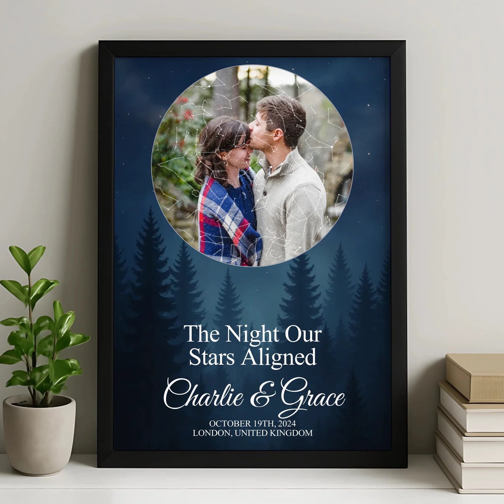 Personalised star map photo frame with custom names, date and location printed beneath a night sky