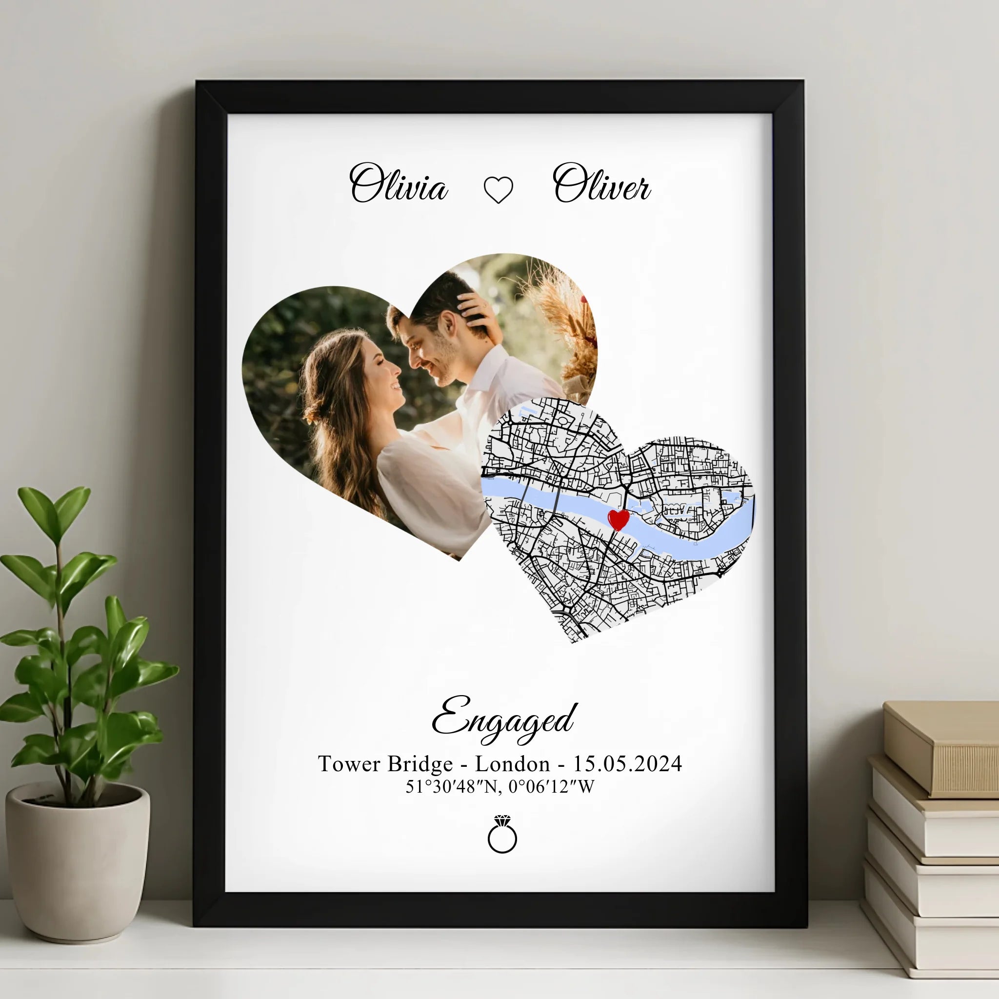 Personalised photo and map heart print with custom names, date and location coordinates