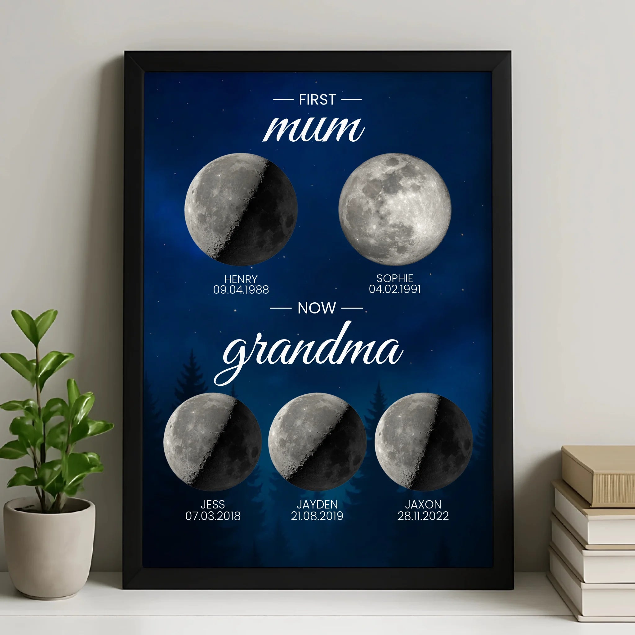 Personalised moon phase family print in a white frame with custom generations layout
