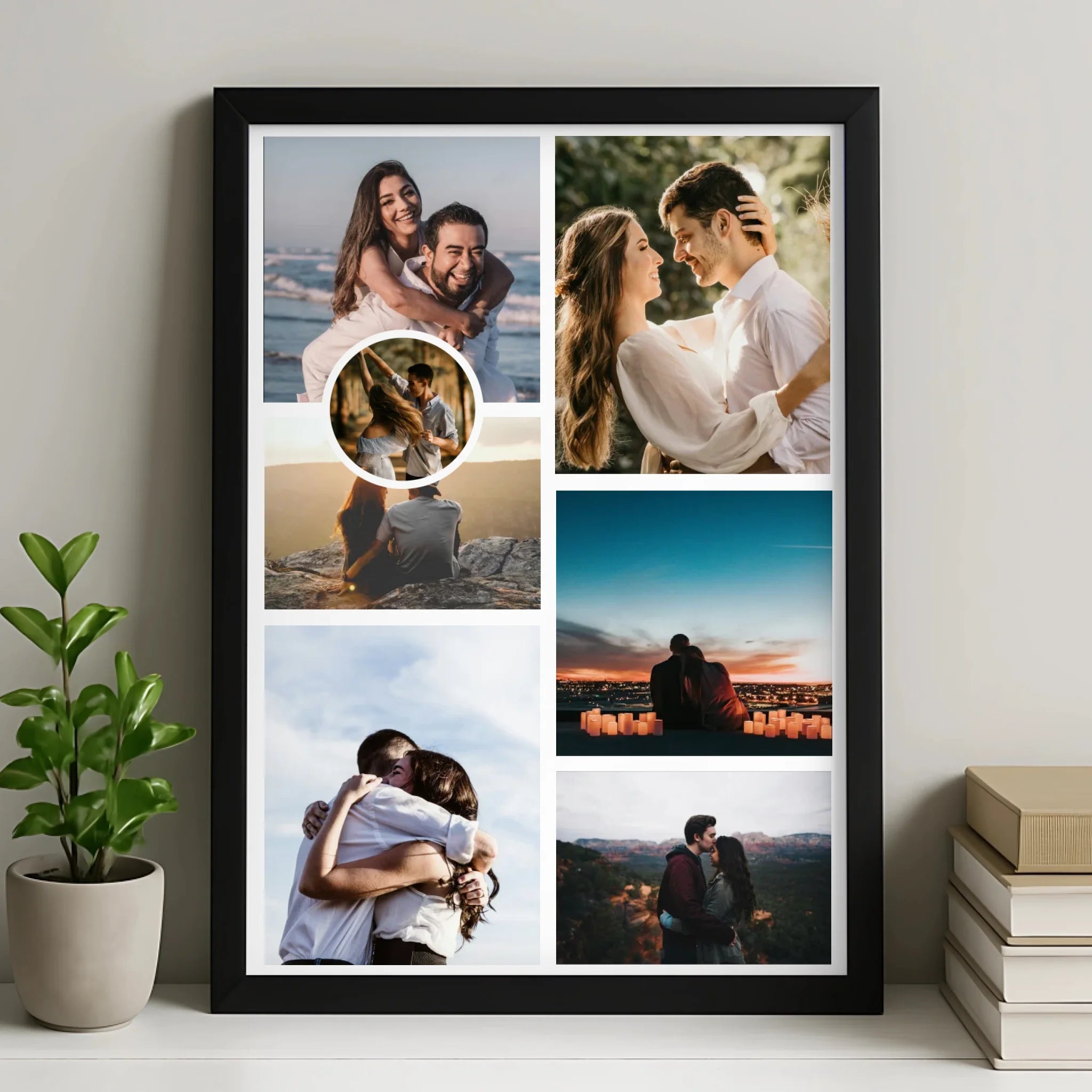 Personalised 7 photo collage print with central feature image, shown as a framed wall art print