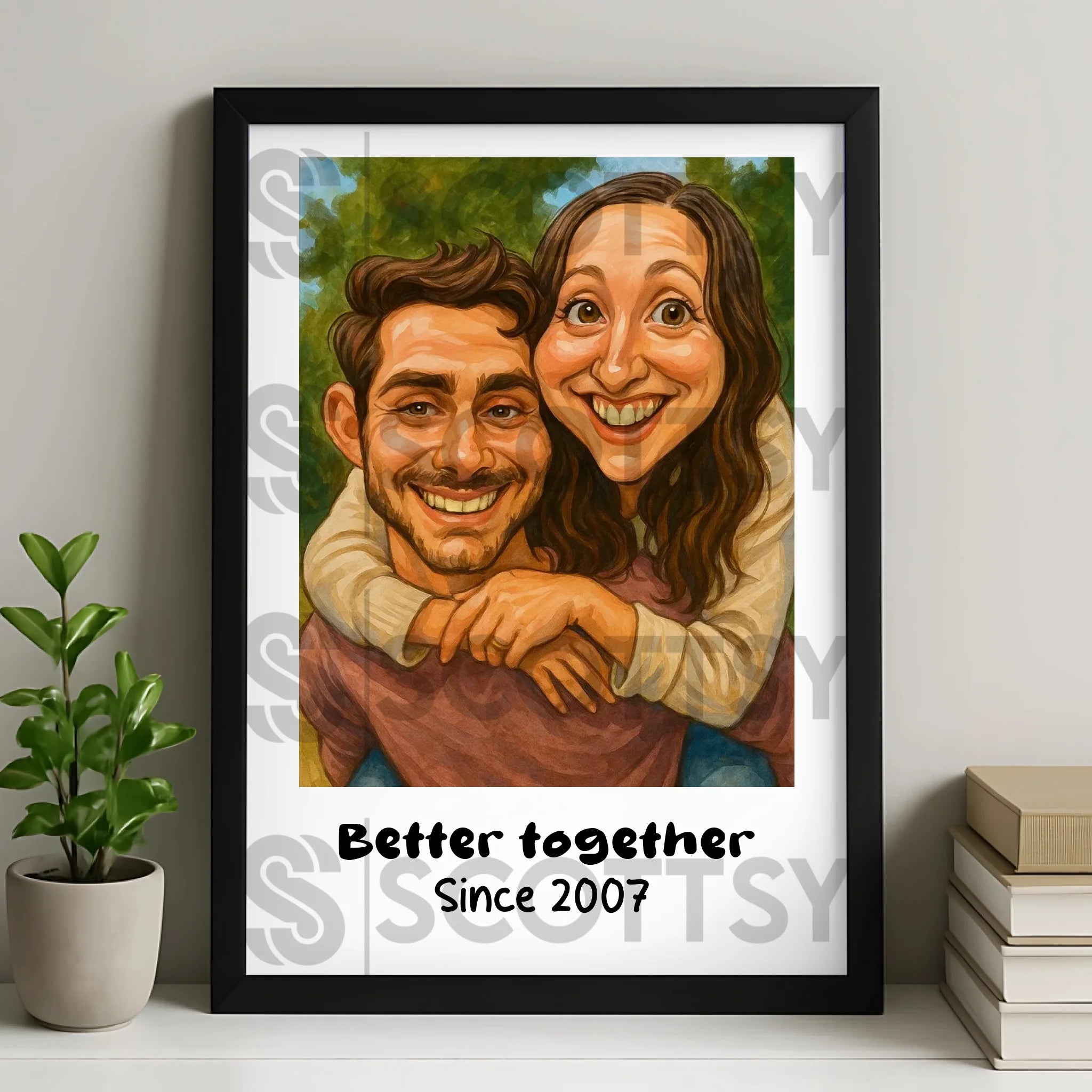 Personalised caricature couple portrait printed and framed as a custom photo frame gift