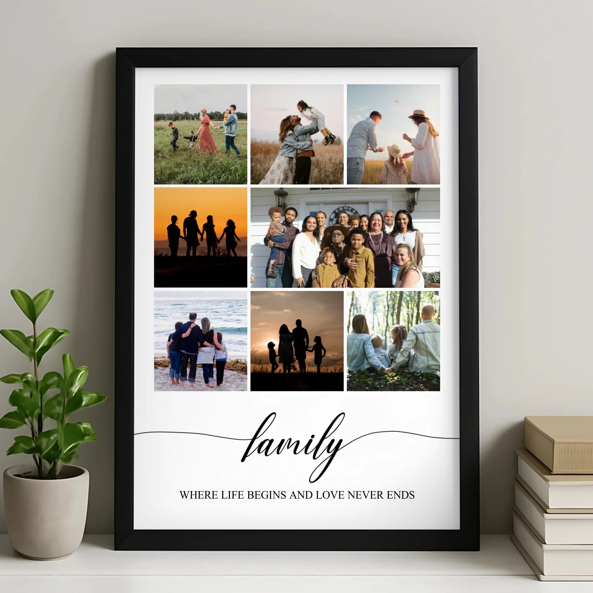 Personalised family photo collage print with 8 photos and a custom quote, available in A4 and A3