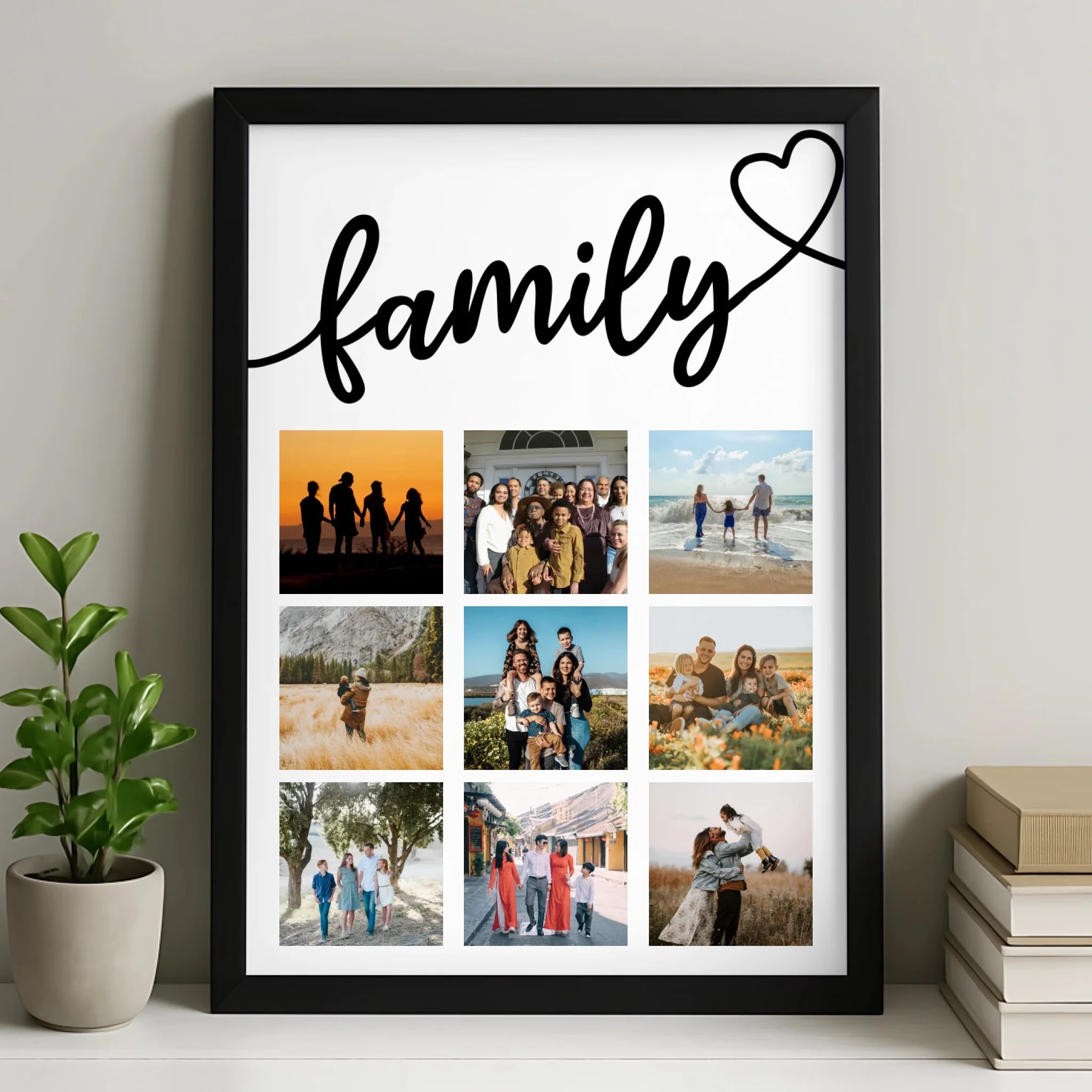 Personalised 9 photo collage print displayed in a white frame