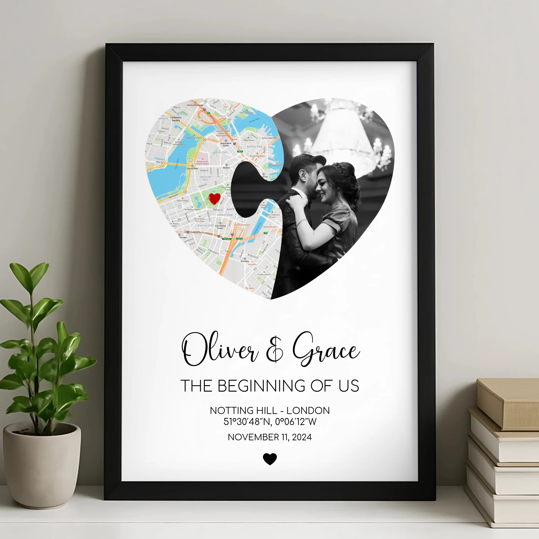 Personalised puzzle piece heart print with a custom map and photo displayed in a white frame