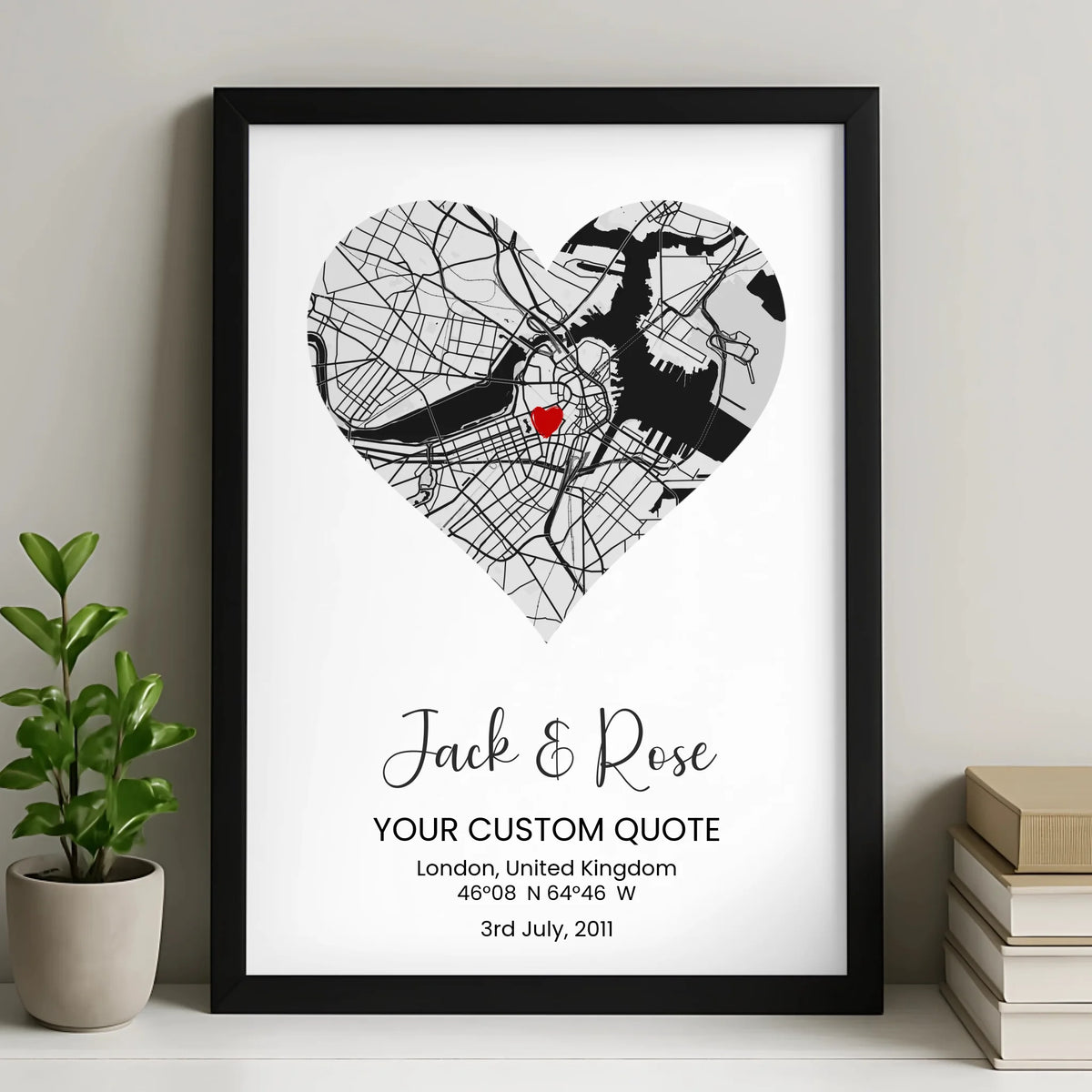Custom Heart Map Print – Personalised Couple Gift, Engagement, Wedding or Anniversary Wall Art, Coordinates & Quote Option
