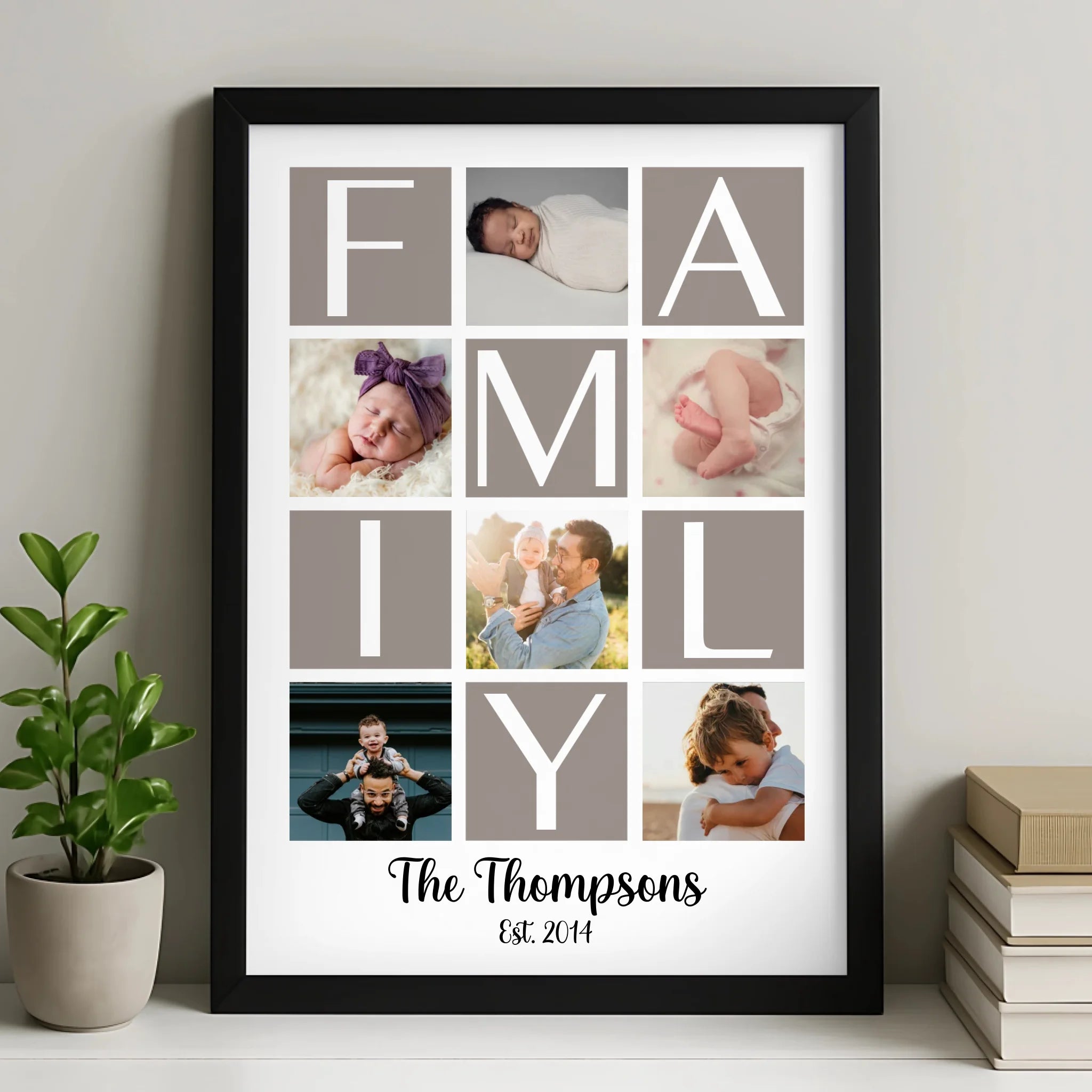 Personalised family photo collage print displayed in a white A3 frame