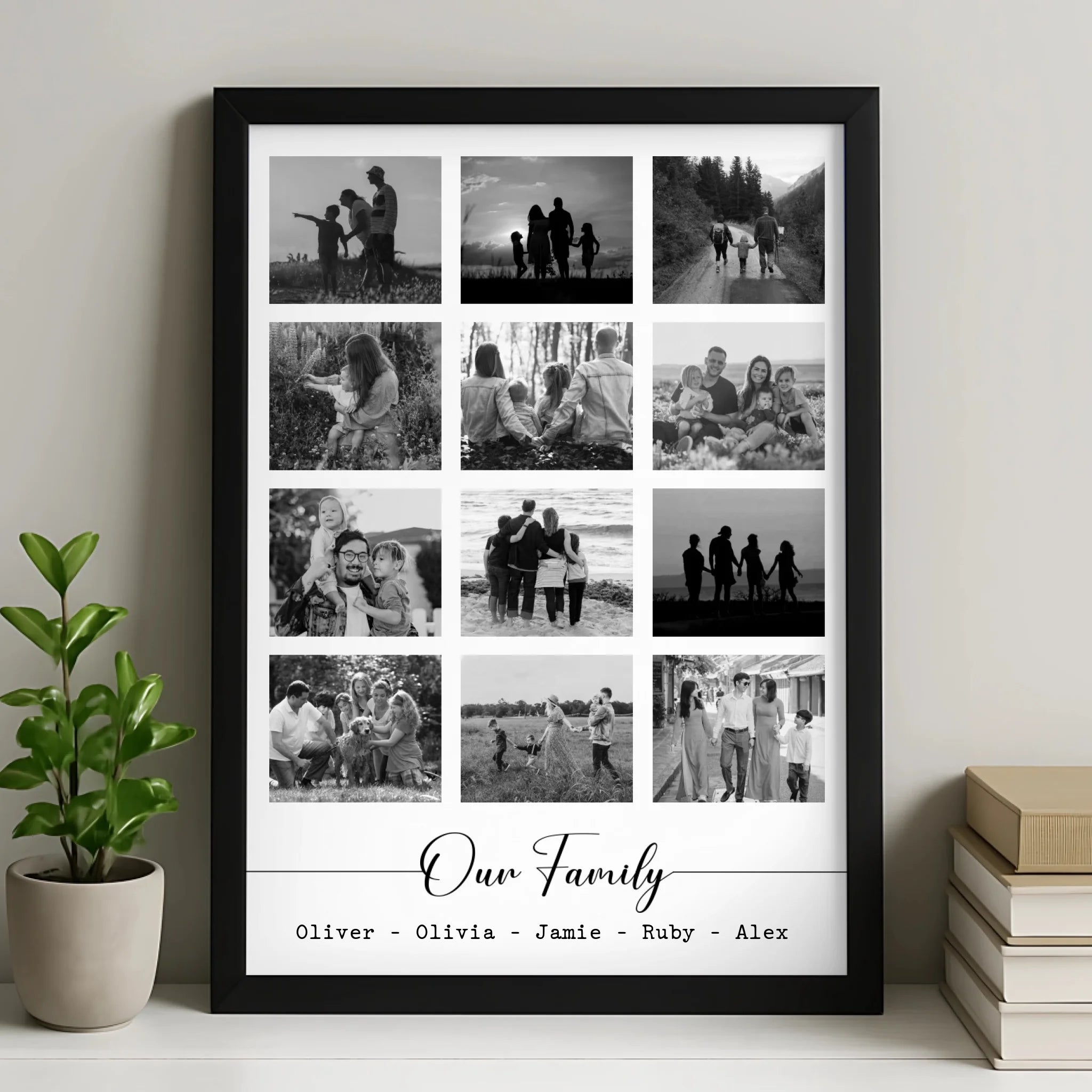 Personalised Family Picture Frame | Custom Photo Collage | Gift for Home, Parents or Grandparents | Black & White