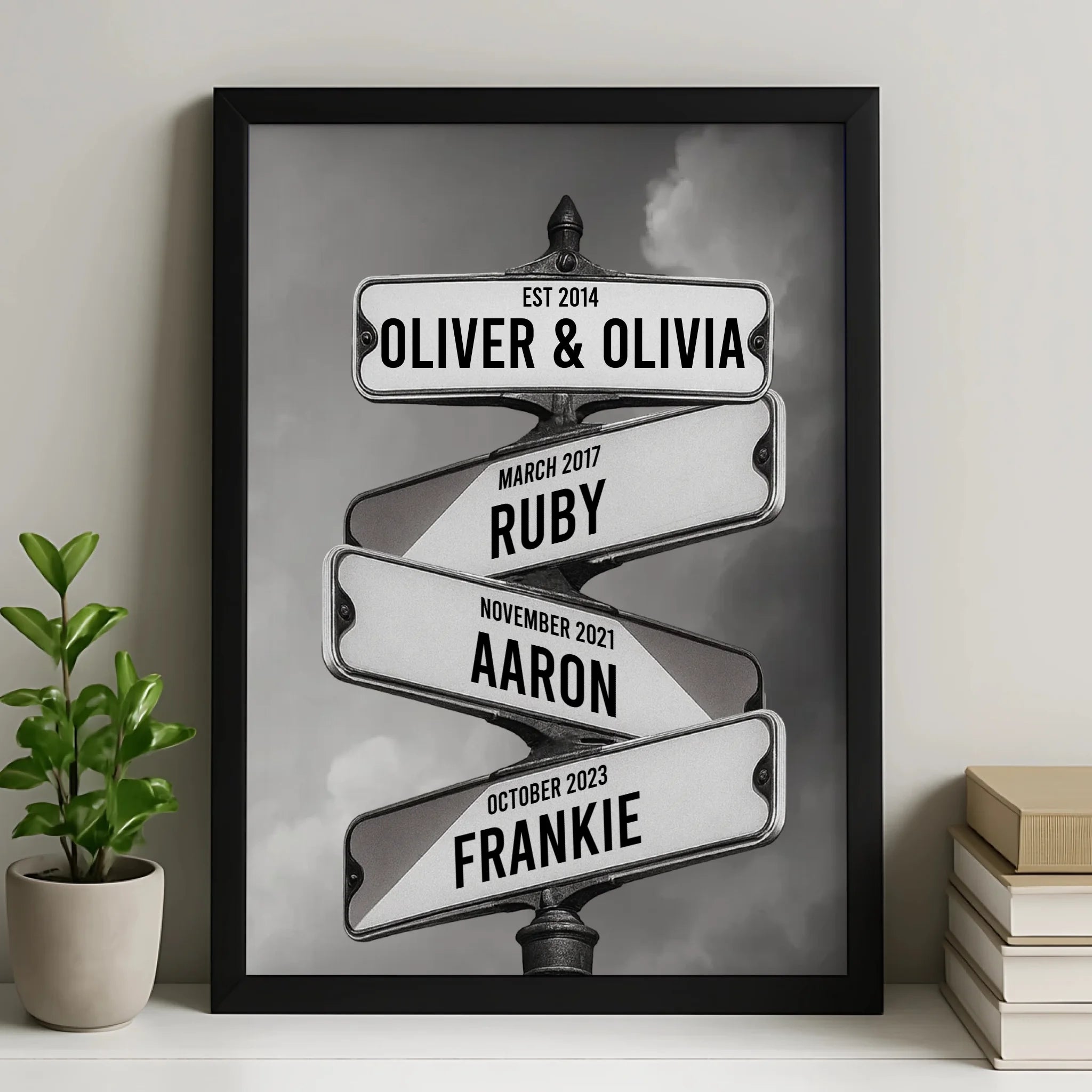 Personalised family street sign print with surname and established date in a white photo frame