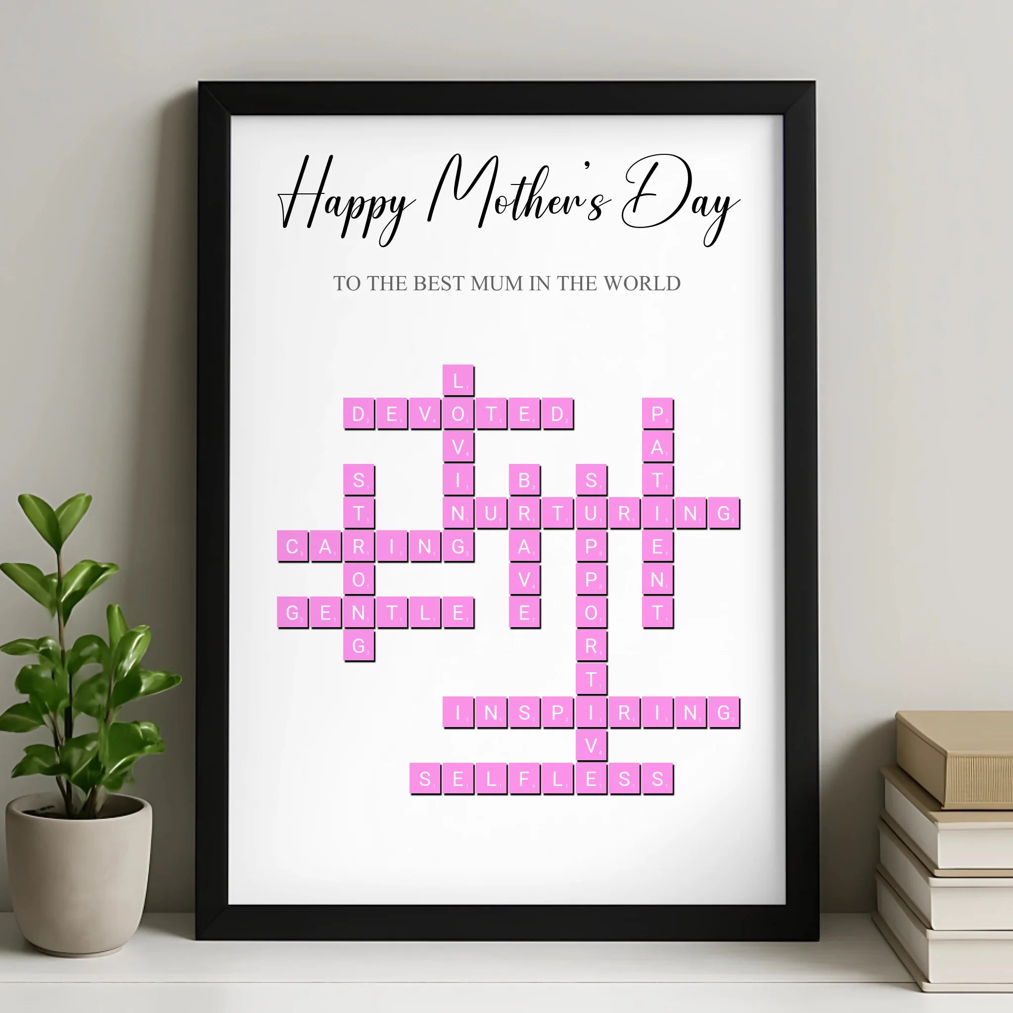 Personalised Mother's Day crossword print in a photo frame with custom words and names