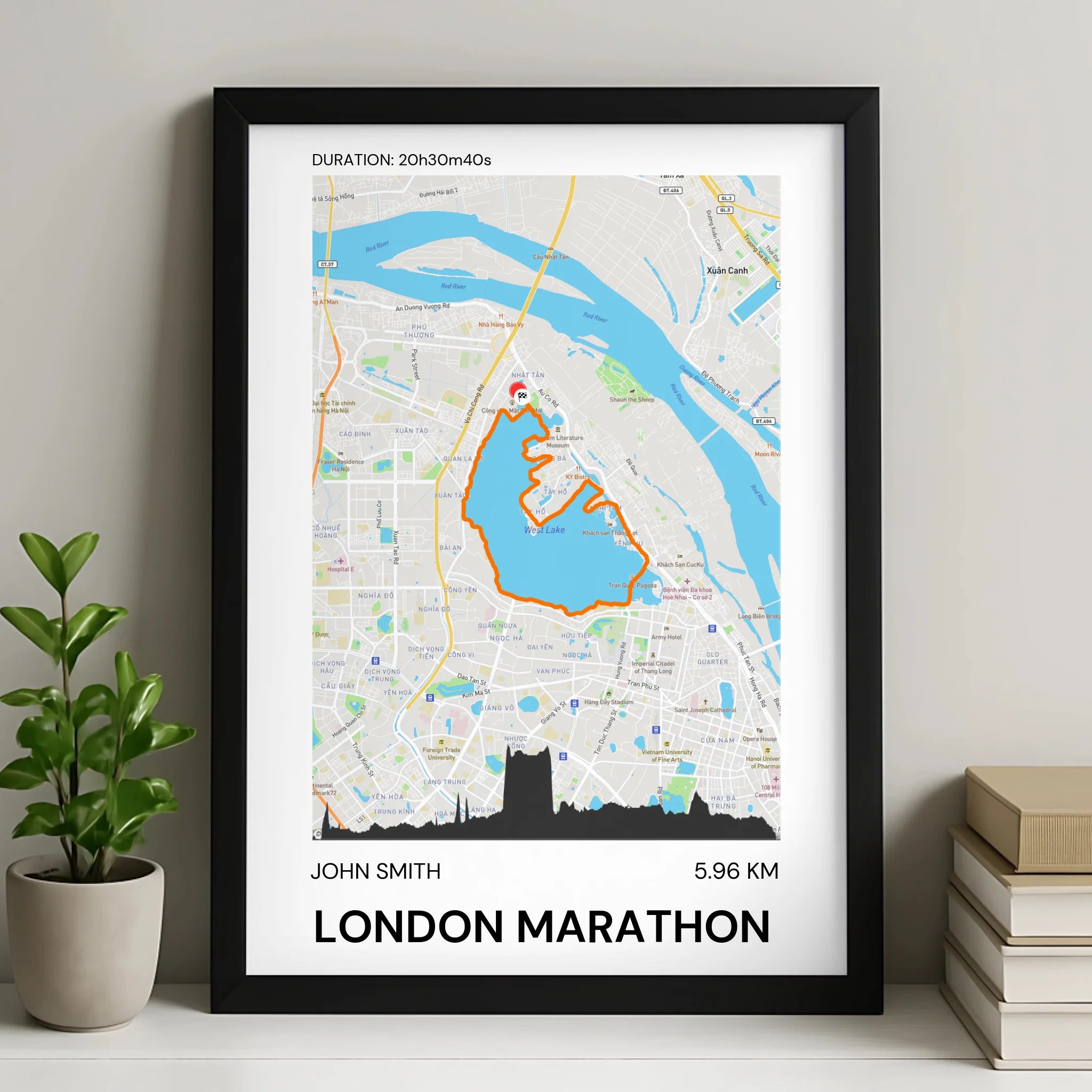Personalised running route map print displayed in a photo frame