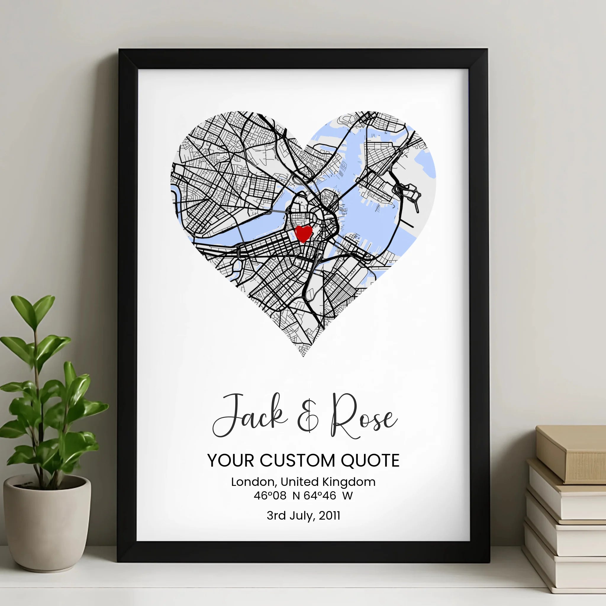 Custom heart map frame print personalised with a couple's location and coordinates