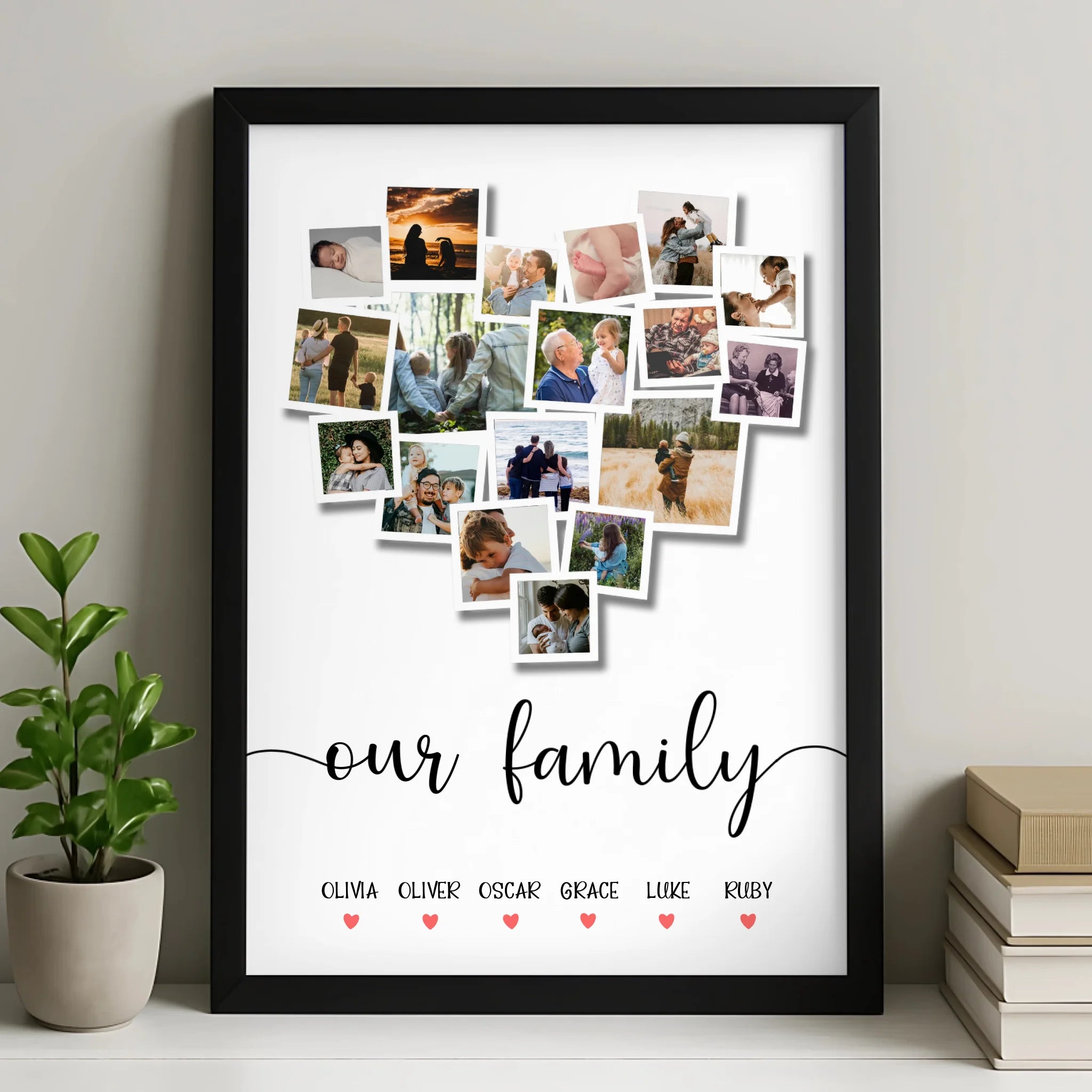 Personalised family heart photo collage print displayed on a living room wall