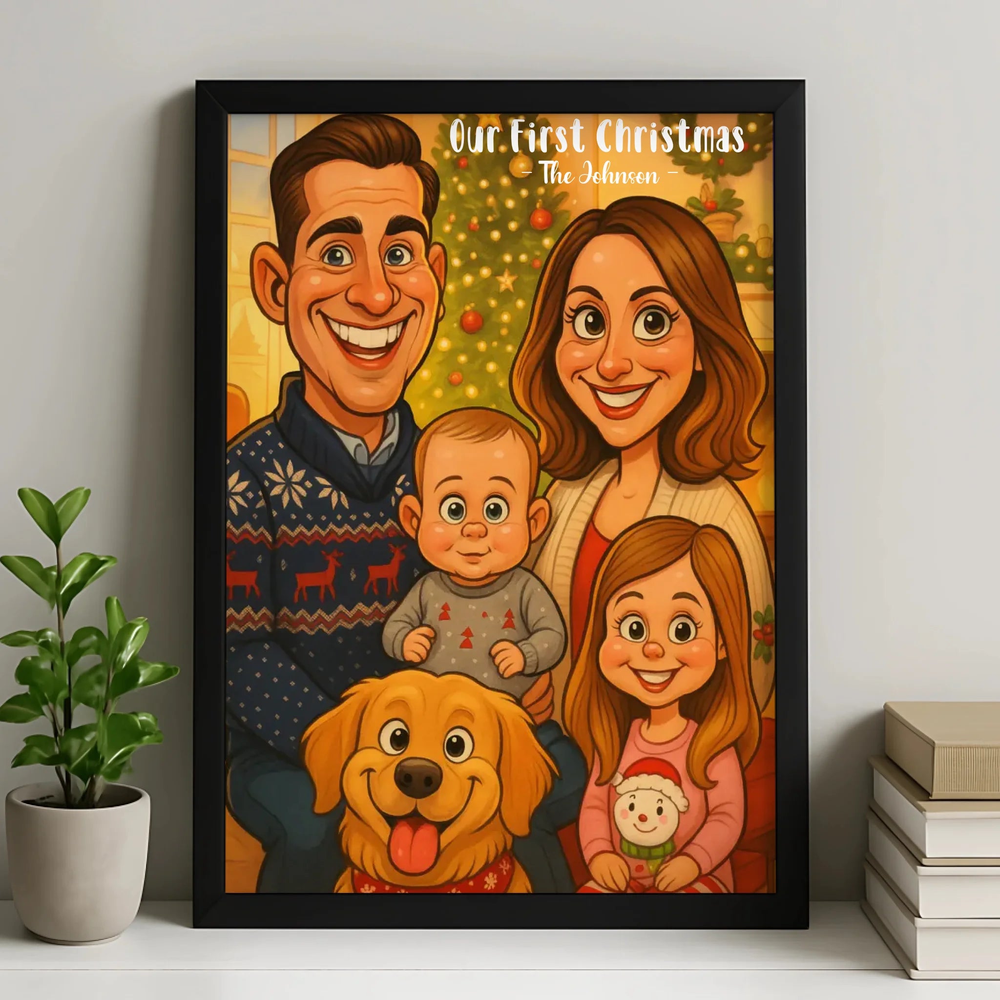Personalised caricature family portrait print in a photo frame with a Christmas theme