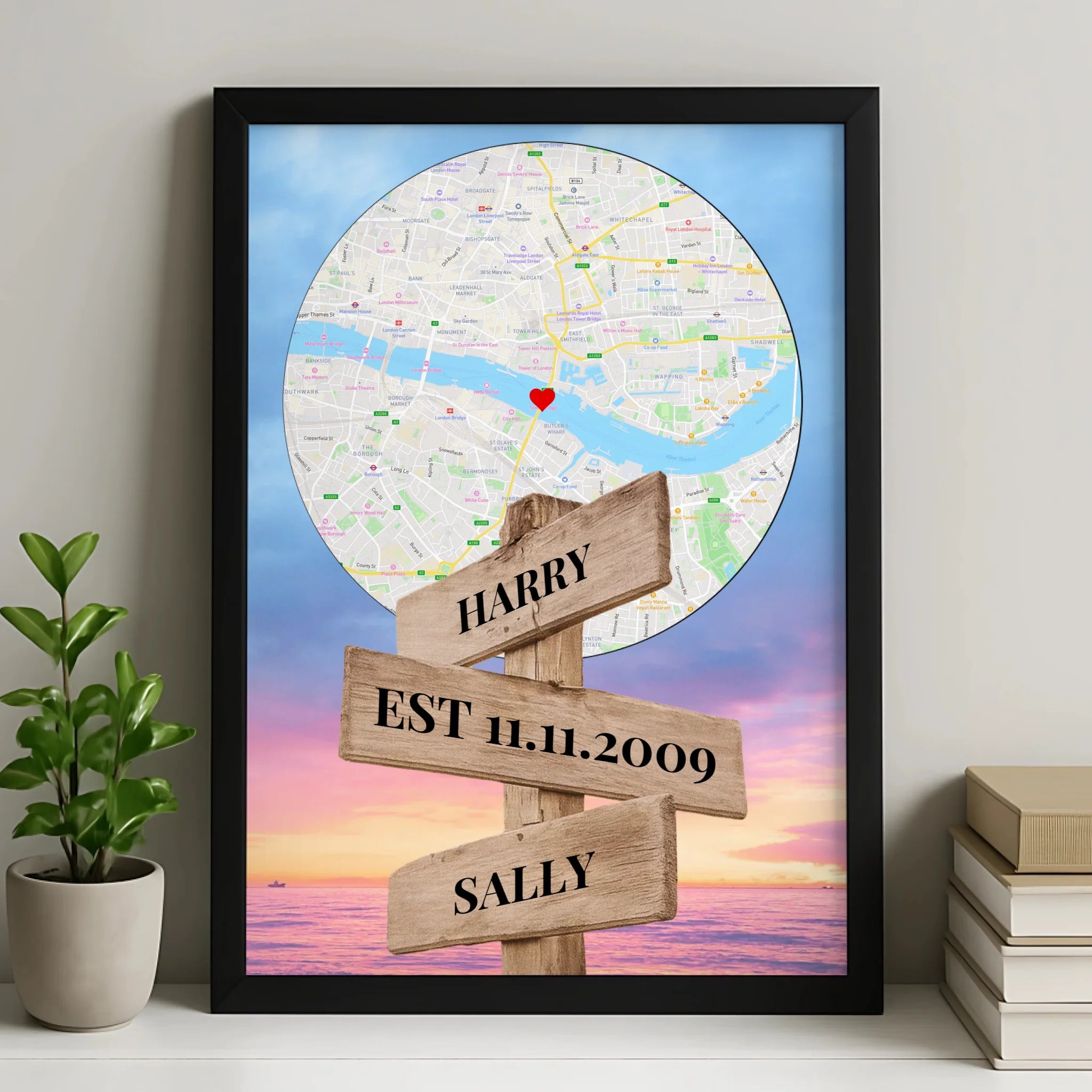 Personalised map print with custom location, names and date on a wooden signpost design