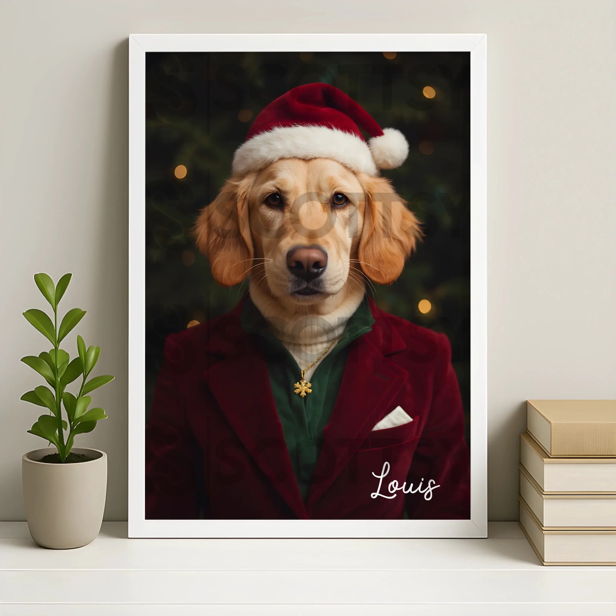 White personalised photo frame with custom pet Christmas portrait