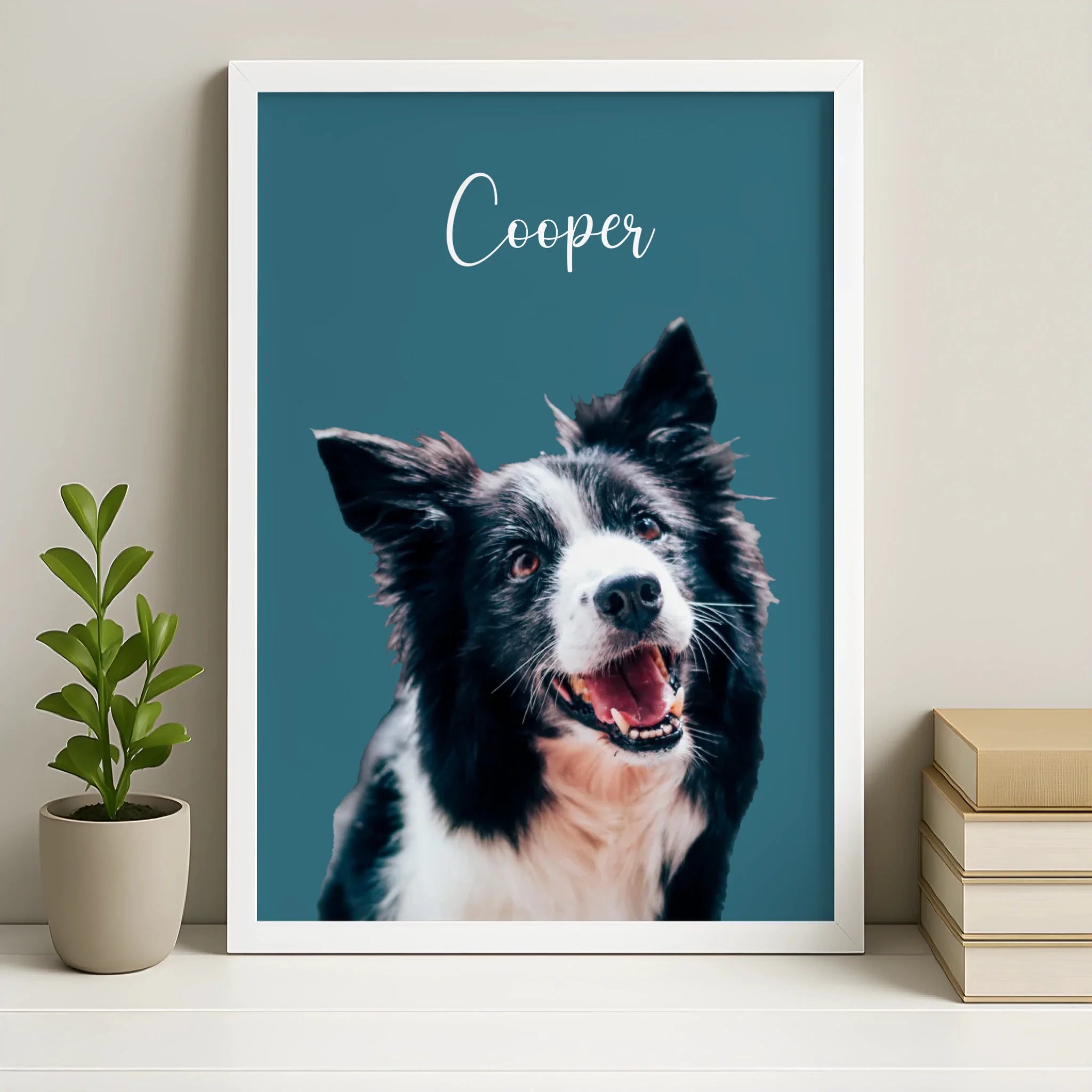 Custom pet photo frame in white with a personalised dog portrait print