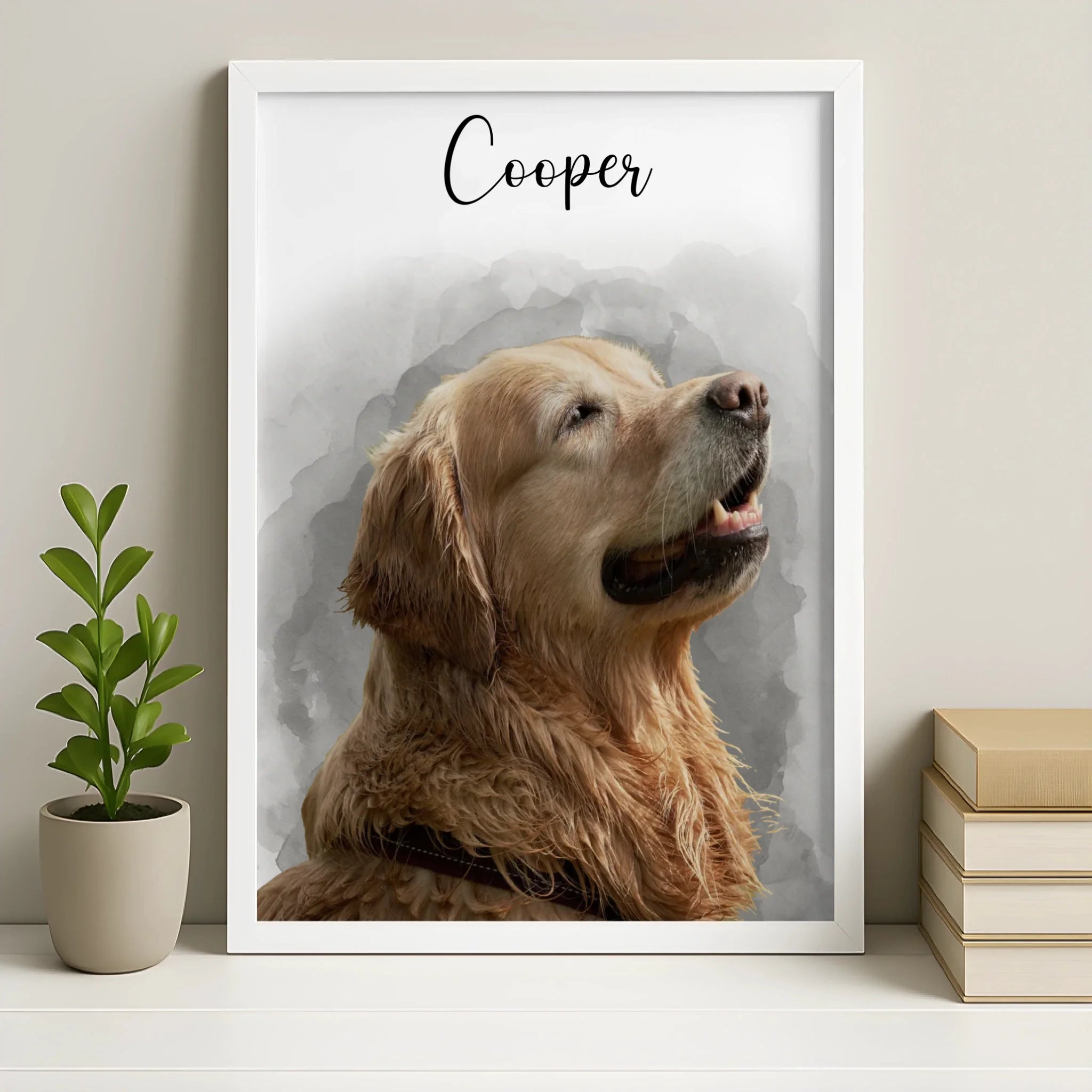 Personalised pet portrait photo frame in white finish