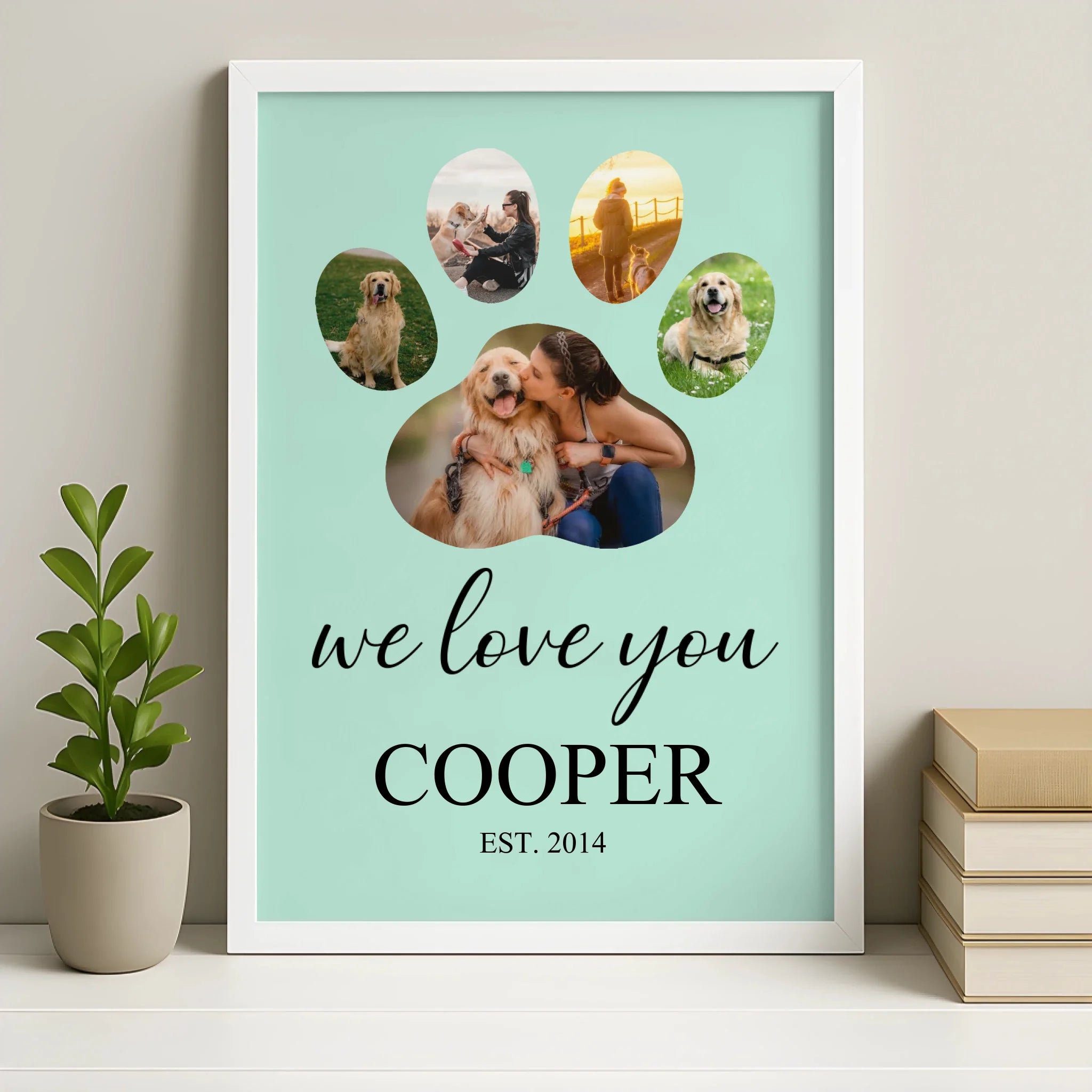 White personalised dog paw print photo frame with custom name and year