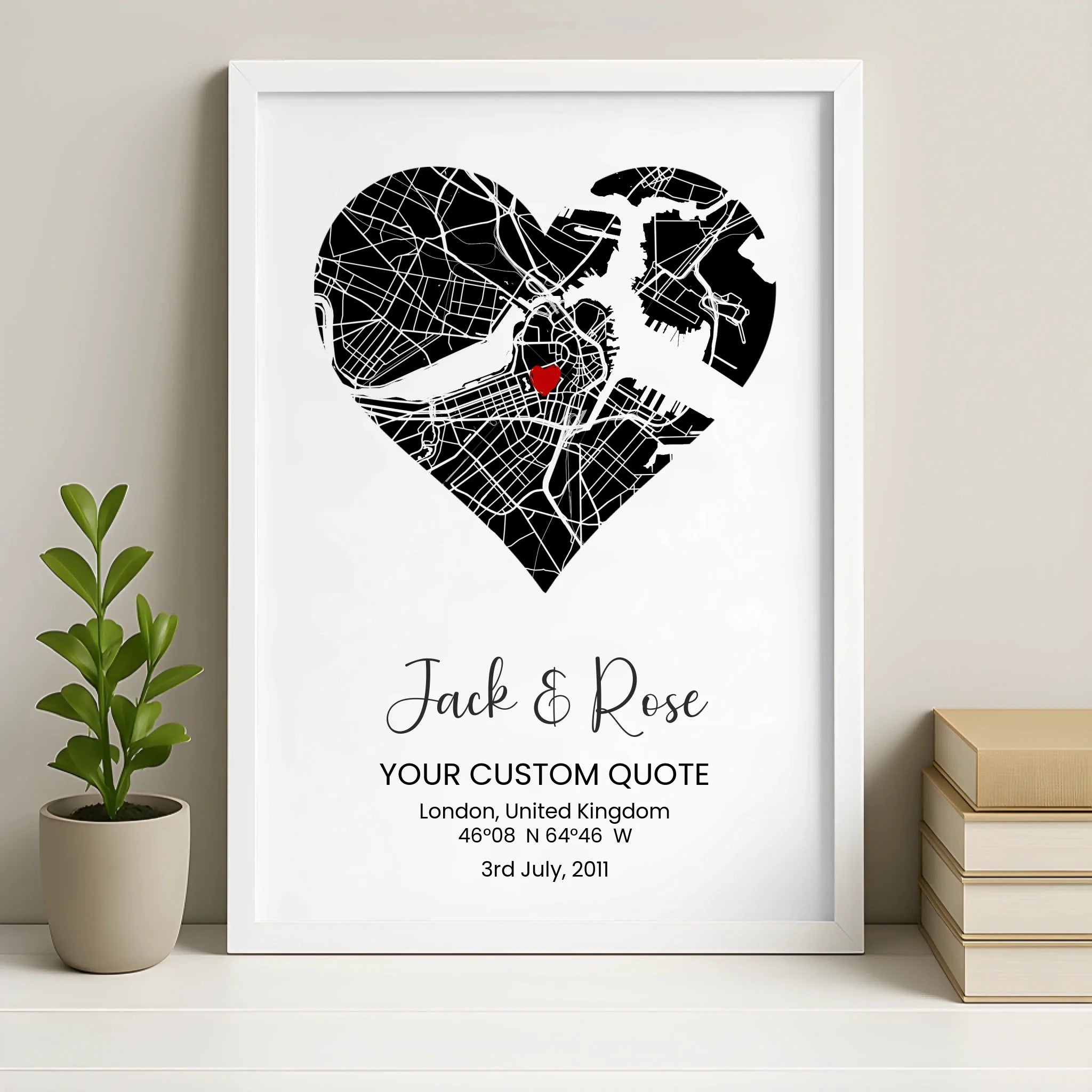 White photo frame option for the personalised heart map poster