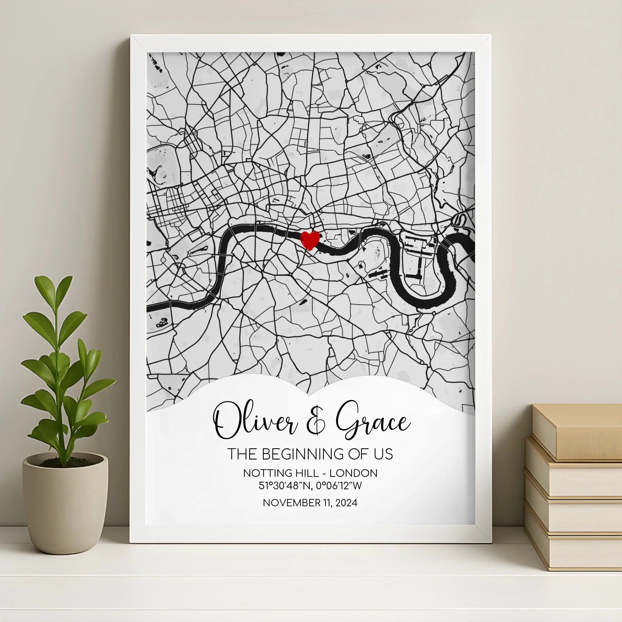 Personalised map print in a white frame, custom location wall art gift