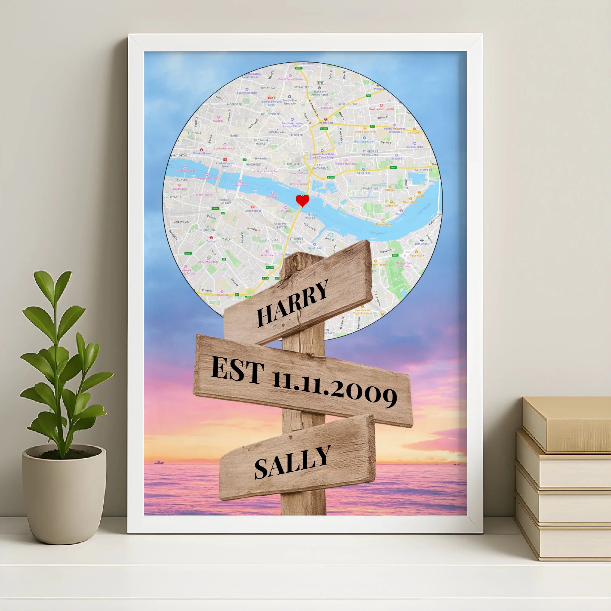 Personalised map print in a white frame with custom location, names and date