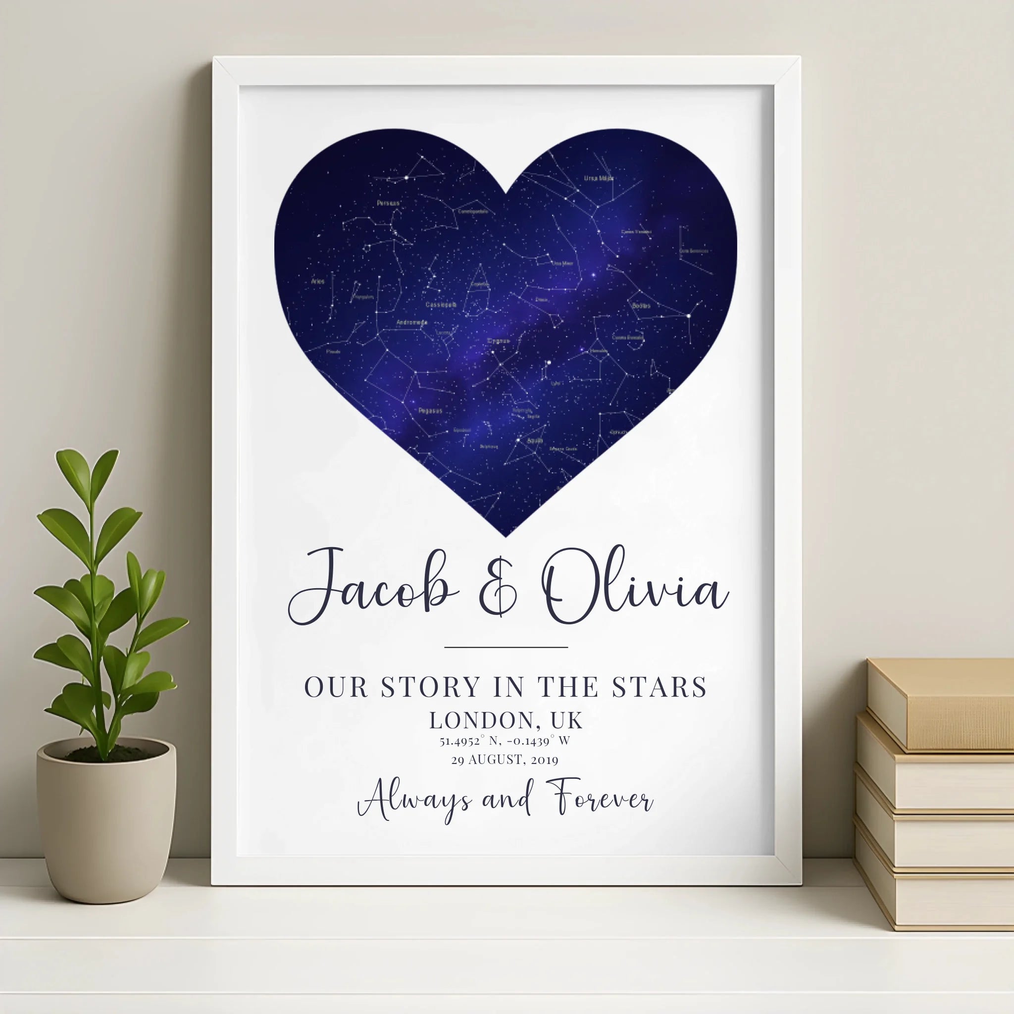 Personalised star map heart print in a white frame showing a custom night sky