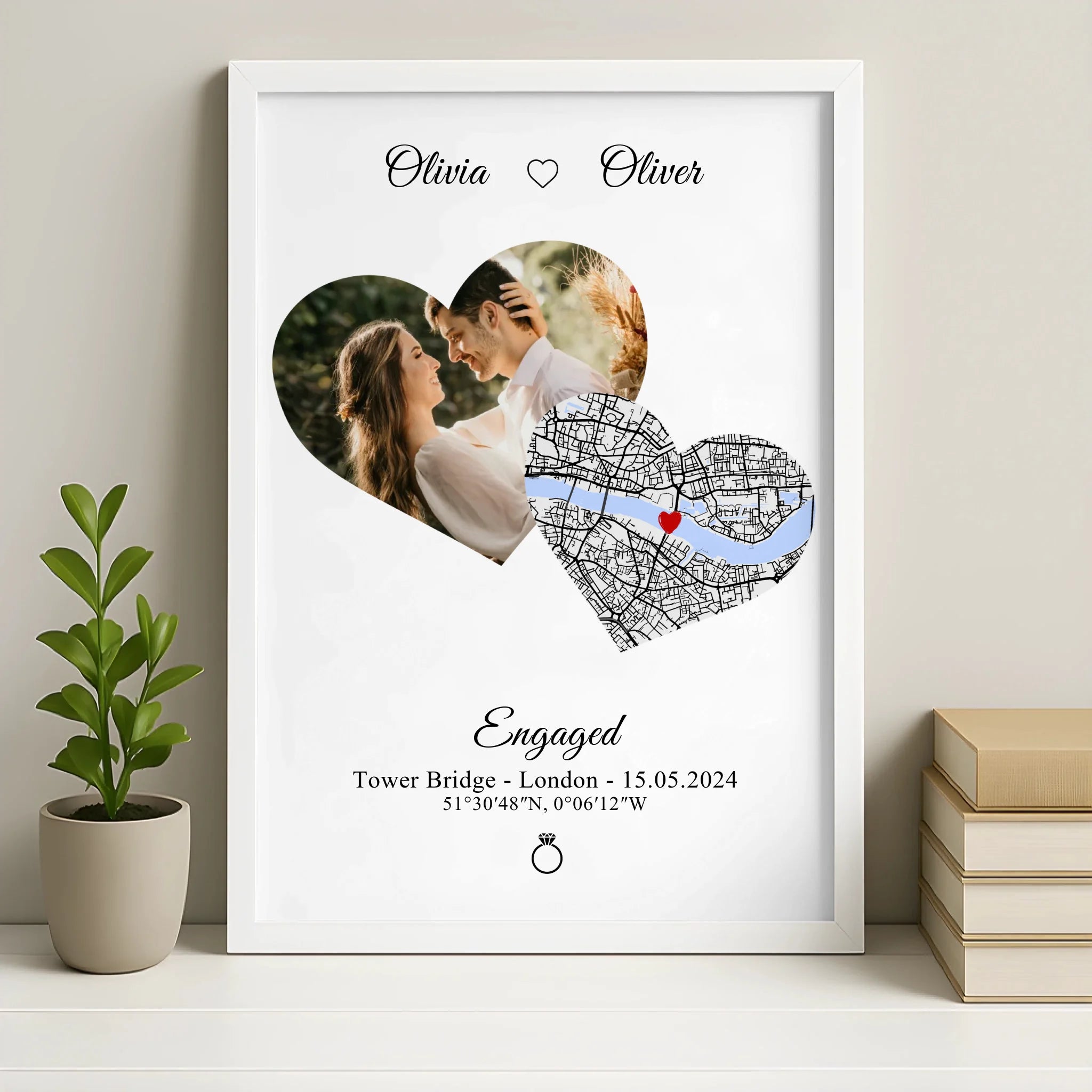 White framed personalised photo and map heart print with custom names and date