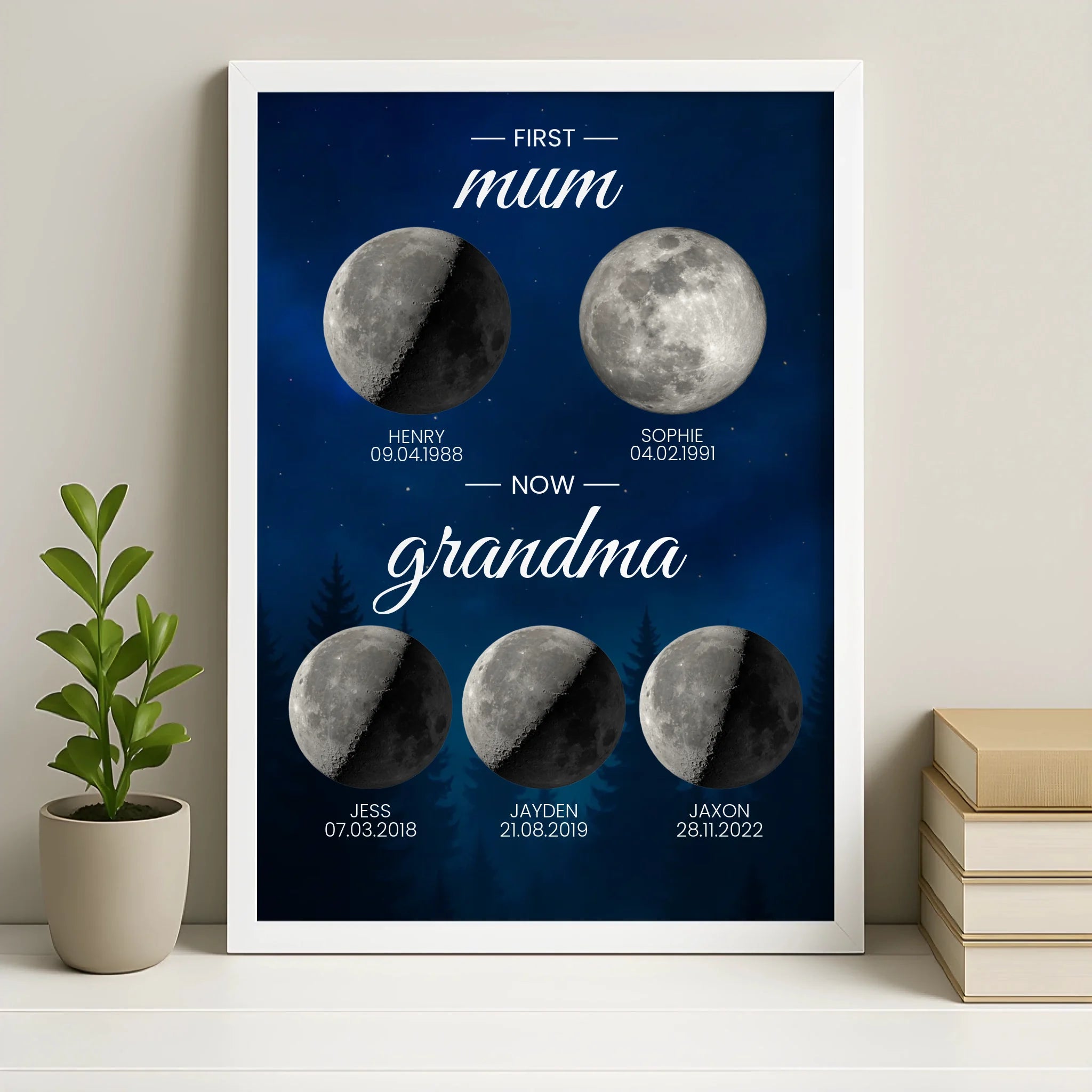 Personalised moon phase family print in a white photo frame