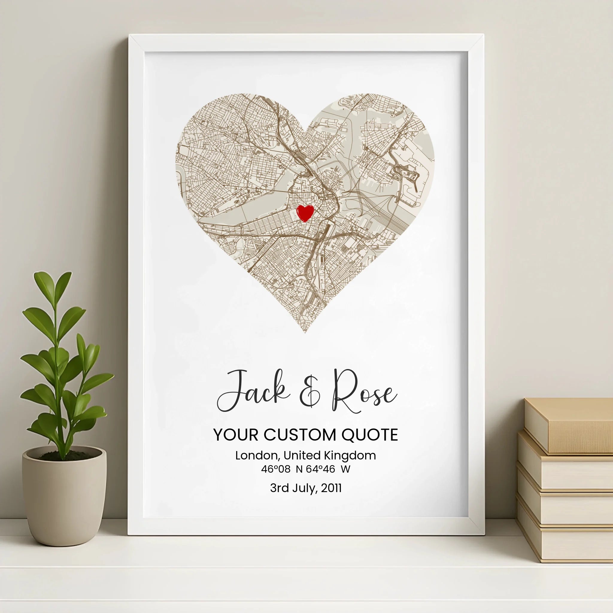 White framed personalised photo slate with vintage heart map design